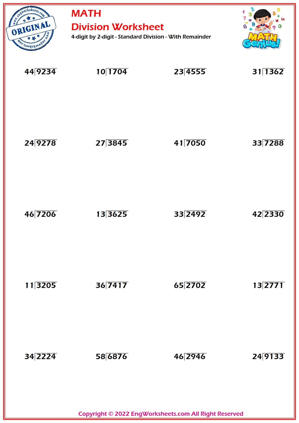 4-digit by 2-digit - Standard Division - With Remainder