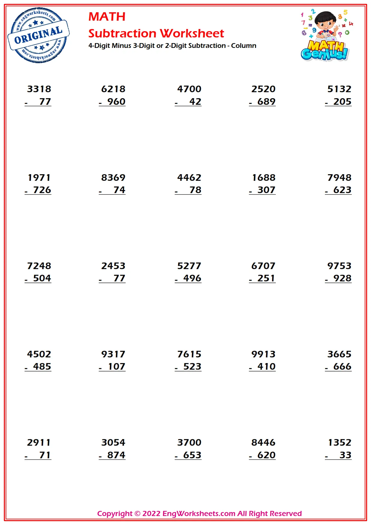7-digits minus 6-digits subtraction