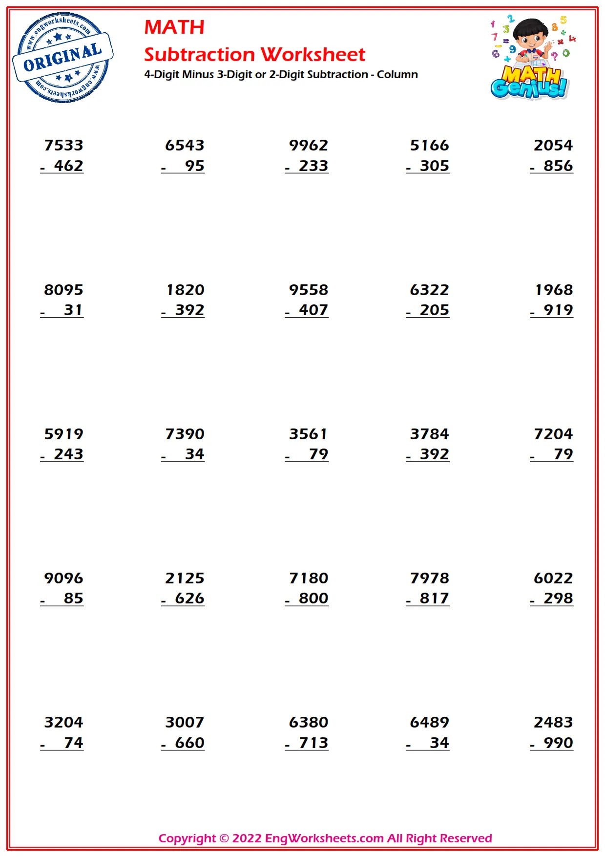 6-digits minus 5-digits subtraction