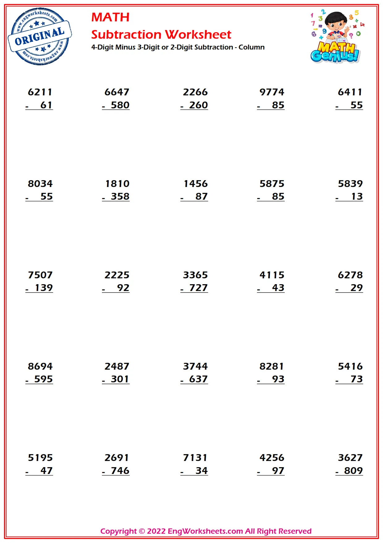 5-digits subtraction - Mixed Review - Standard