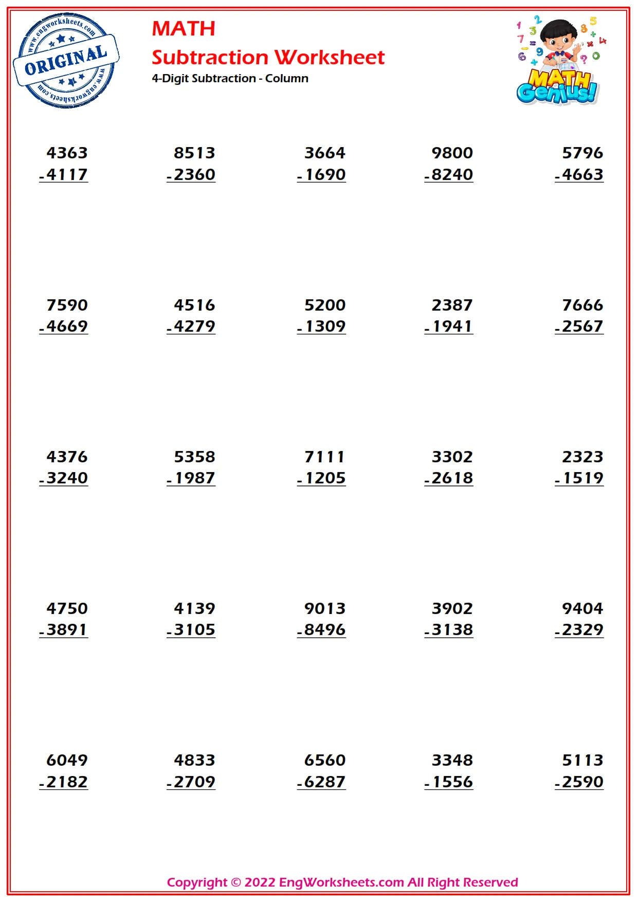 4-Digit Subtraction - Column