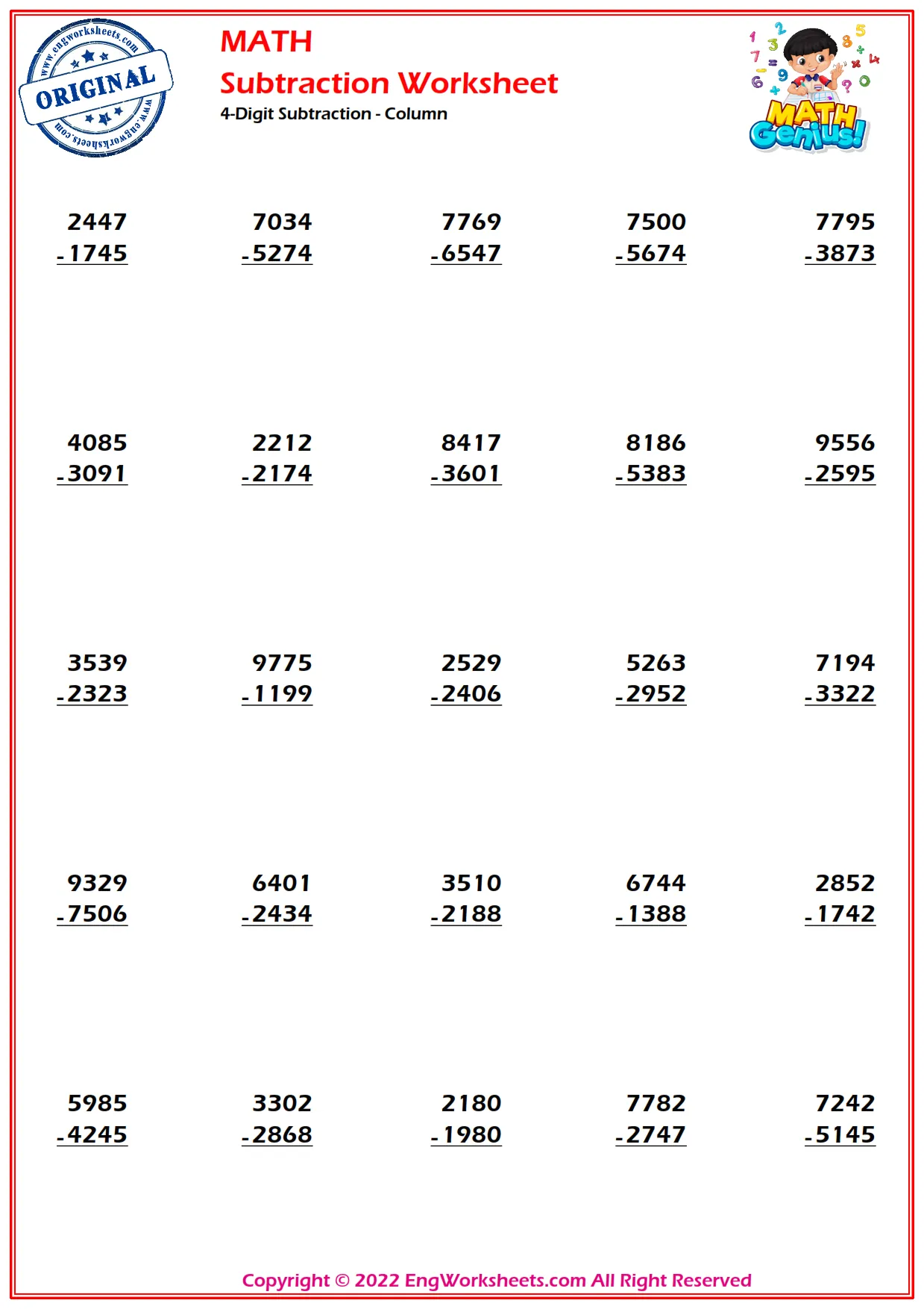 4-Digit Subtraction - Column