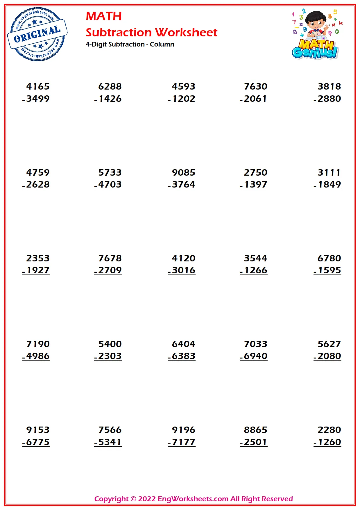 4-Digit Subtraction - Column