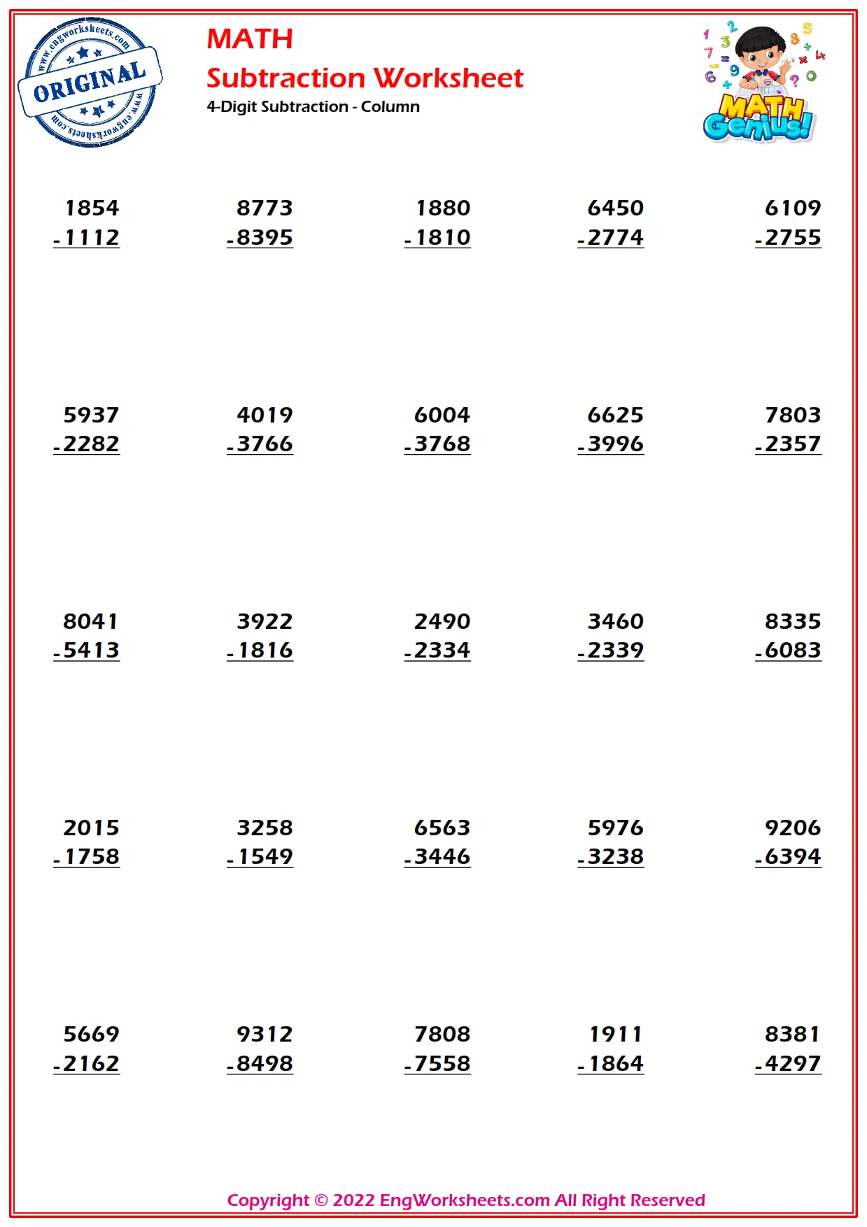 4-Digit Subtraction - Column