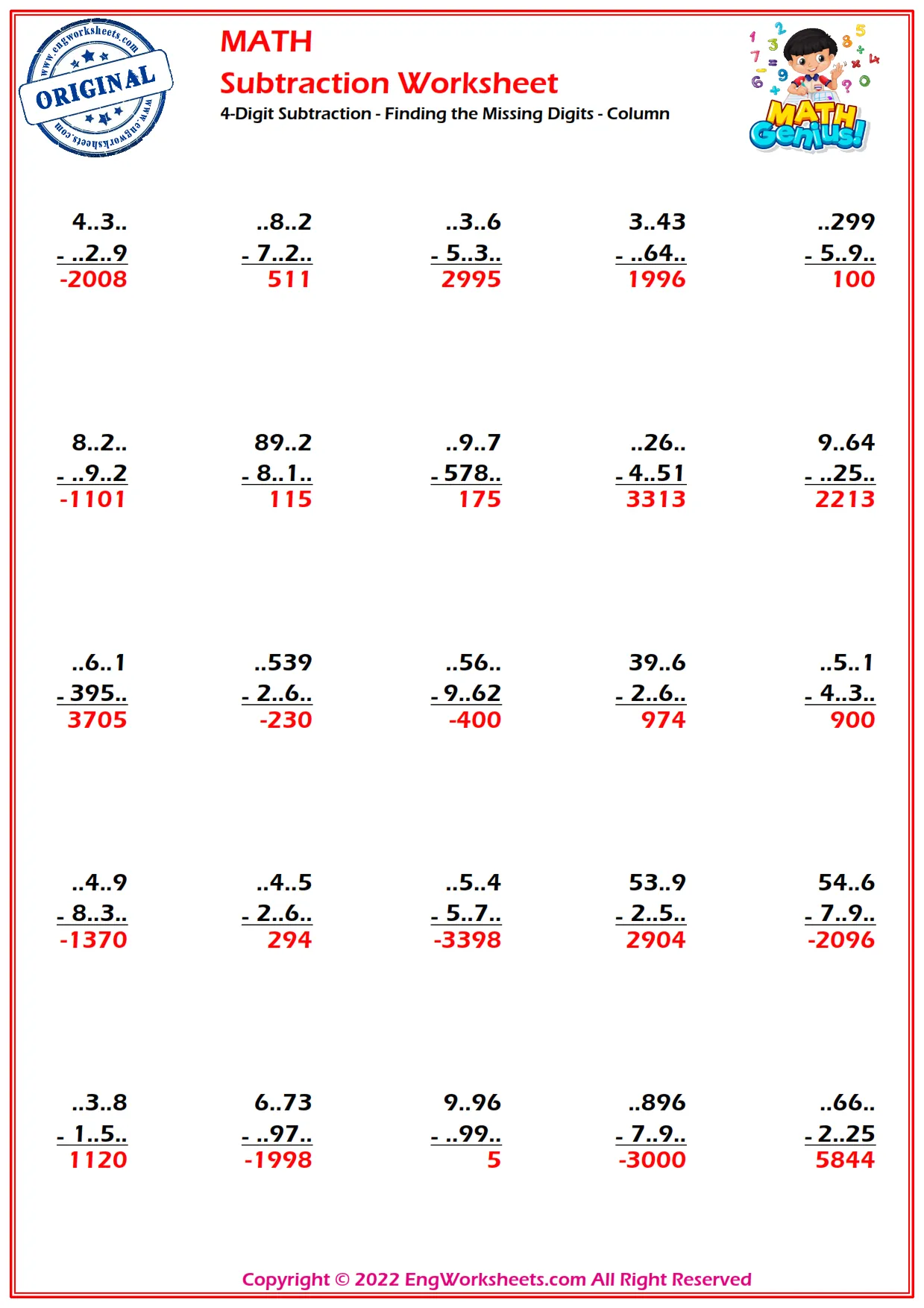 4-Digit Subtraction - Finding the Missing Digits - Column