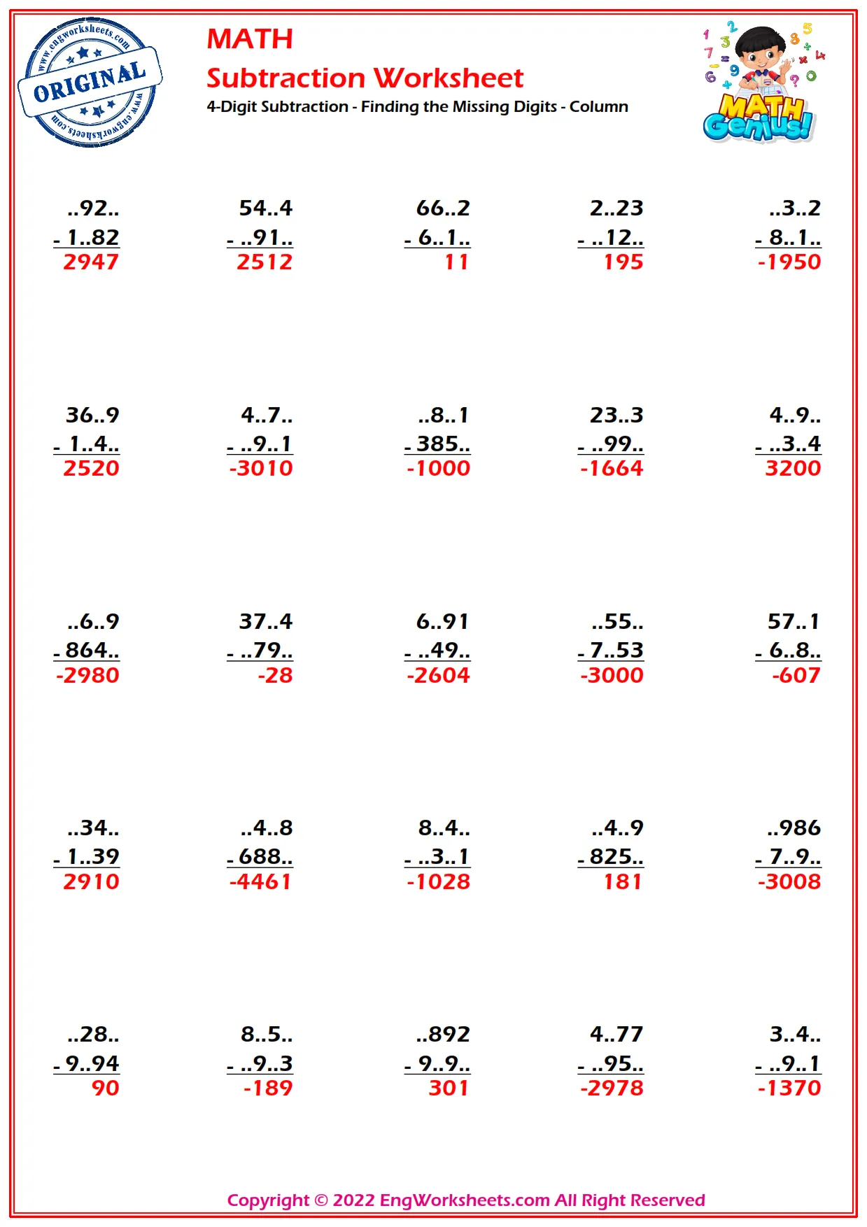 4-Digit Subtraction - Finding the Missing Digits - Column