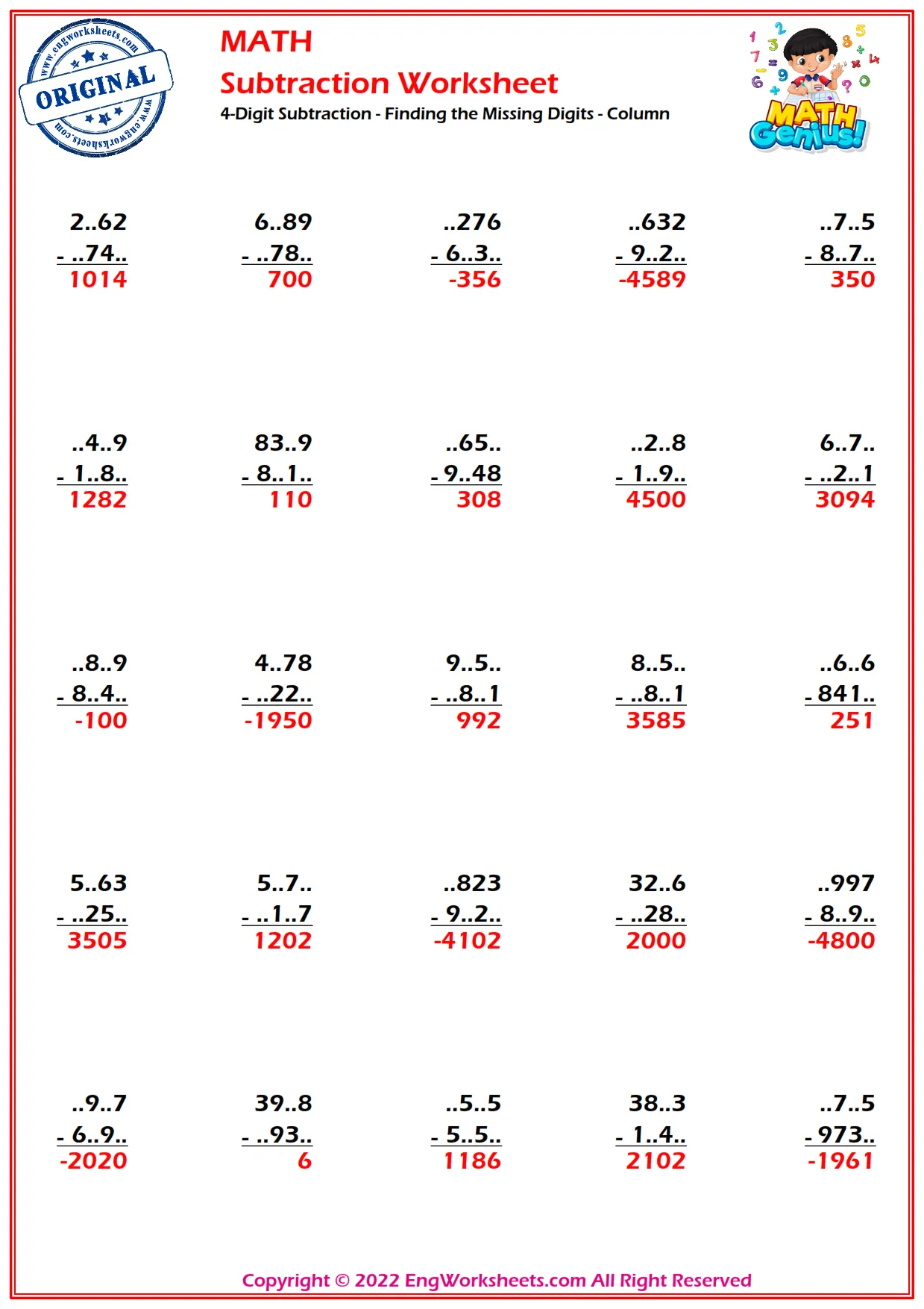 4-Digit Subtraction - Finding the Missing Digits - Column