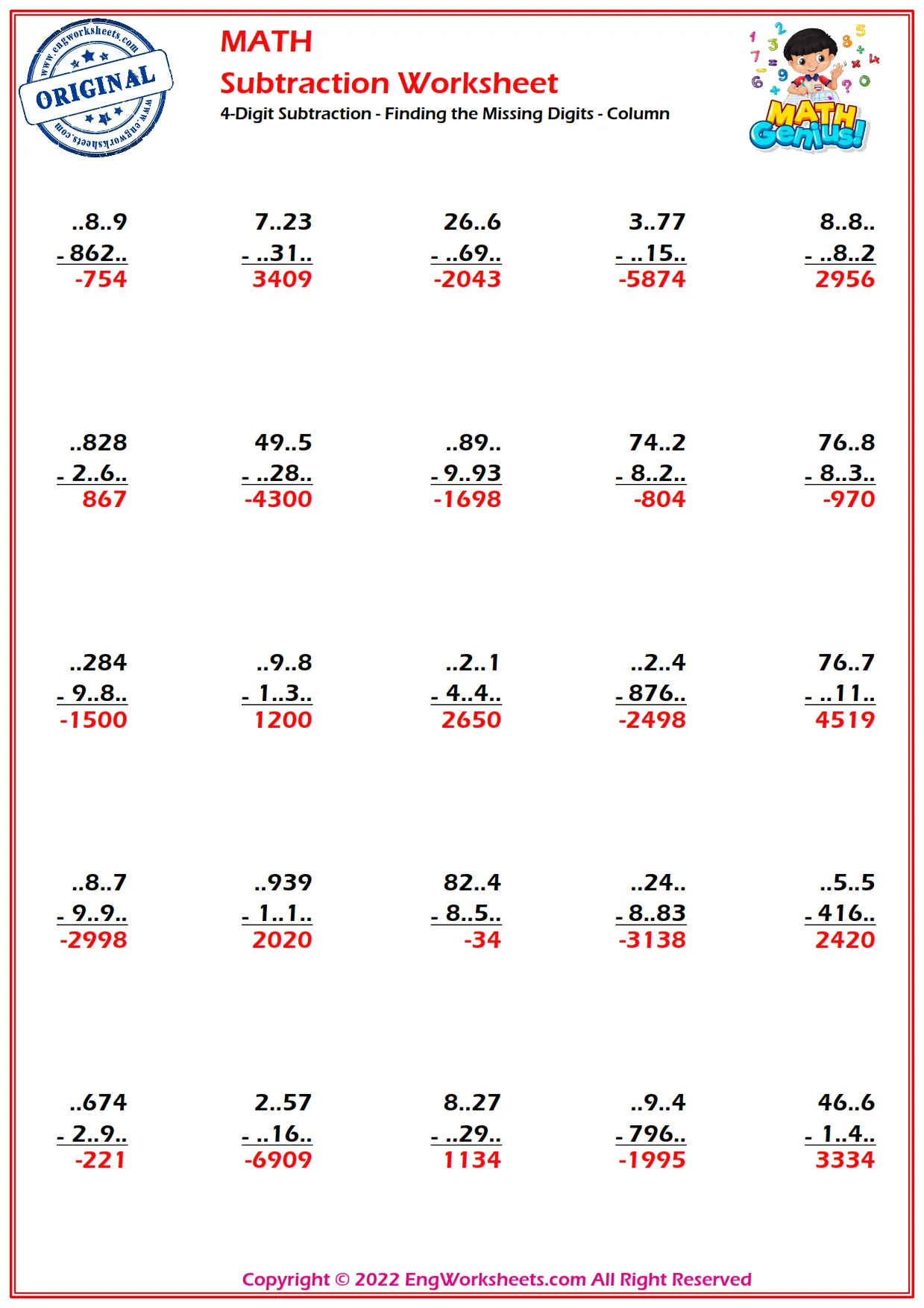 4-Digit Subtraction - Finding the Missing Digits - Column