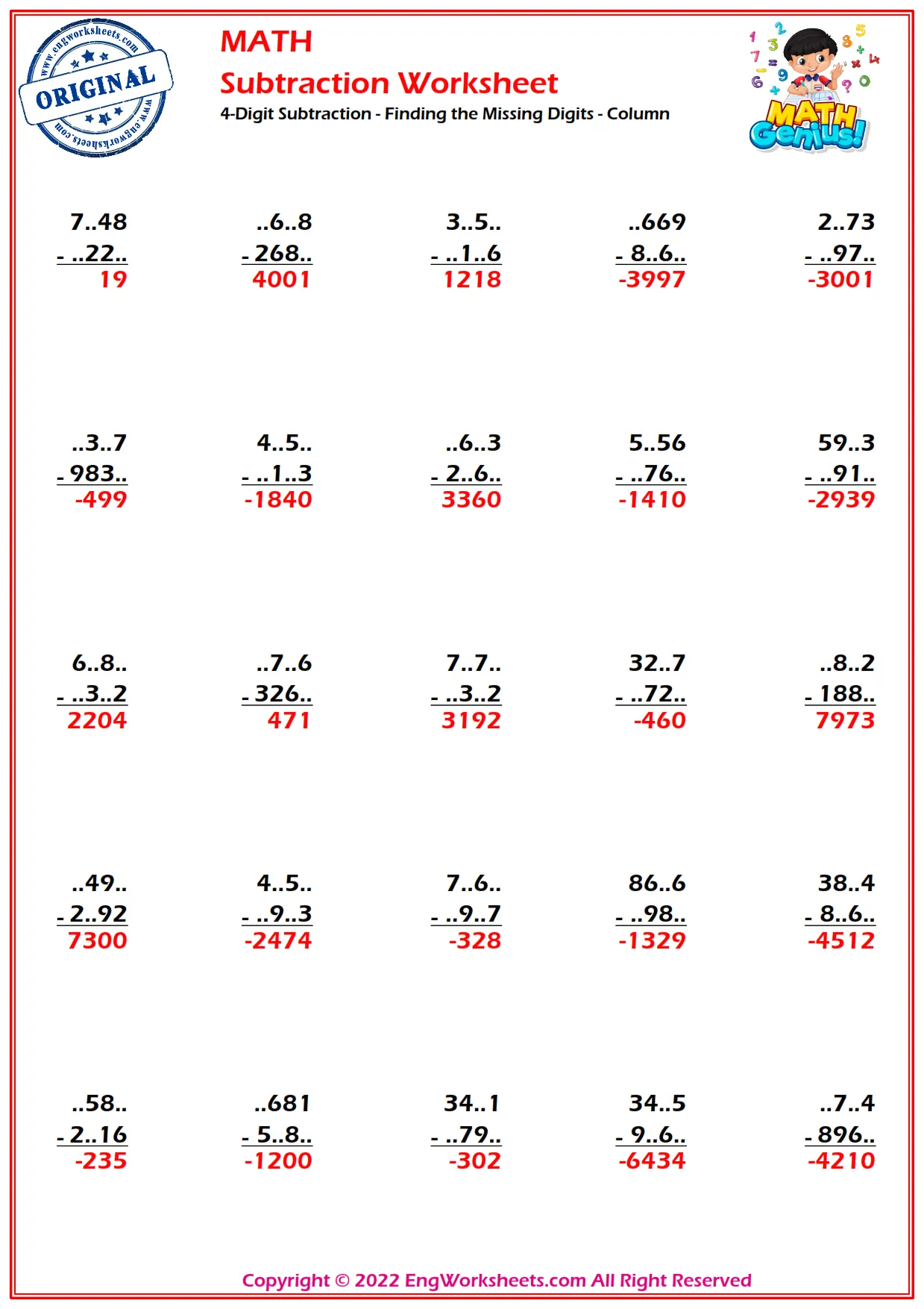 4-Digit Subtraction - Finding the Missing Digits