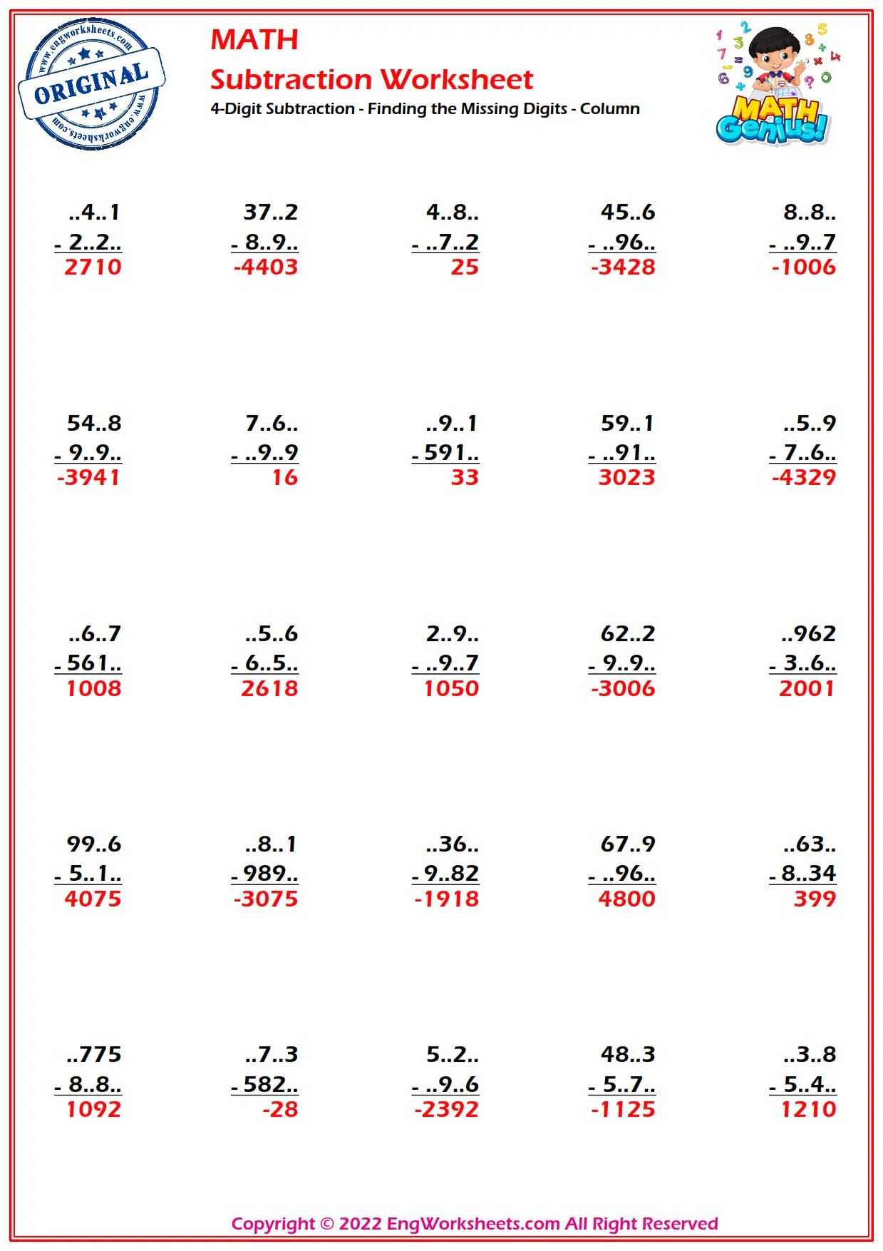 4-Digit Subtraction - Finding the Missing Digits - Column