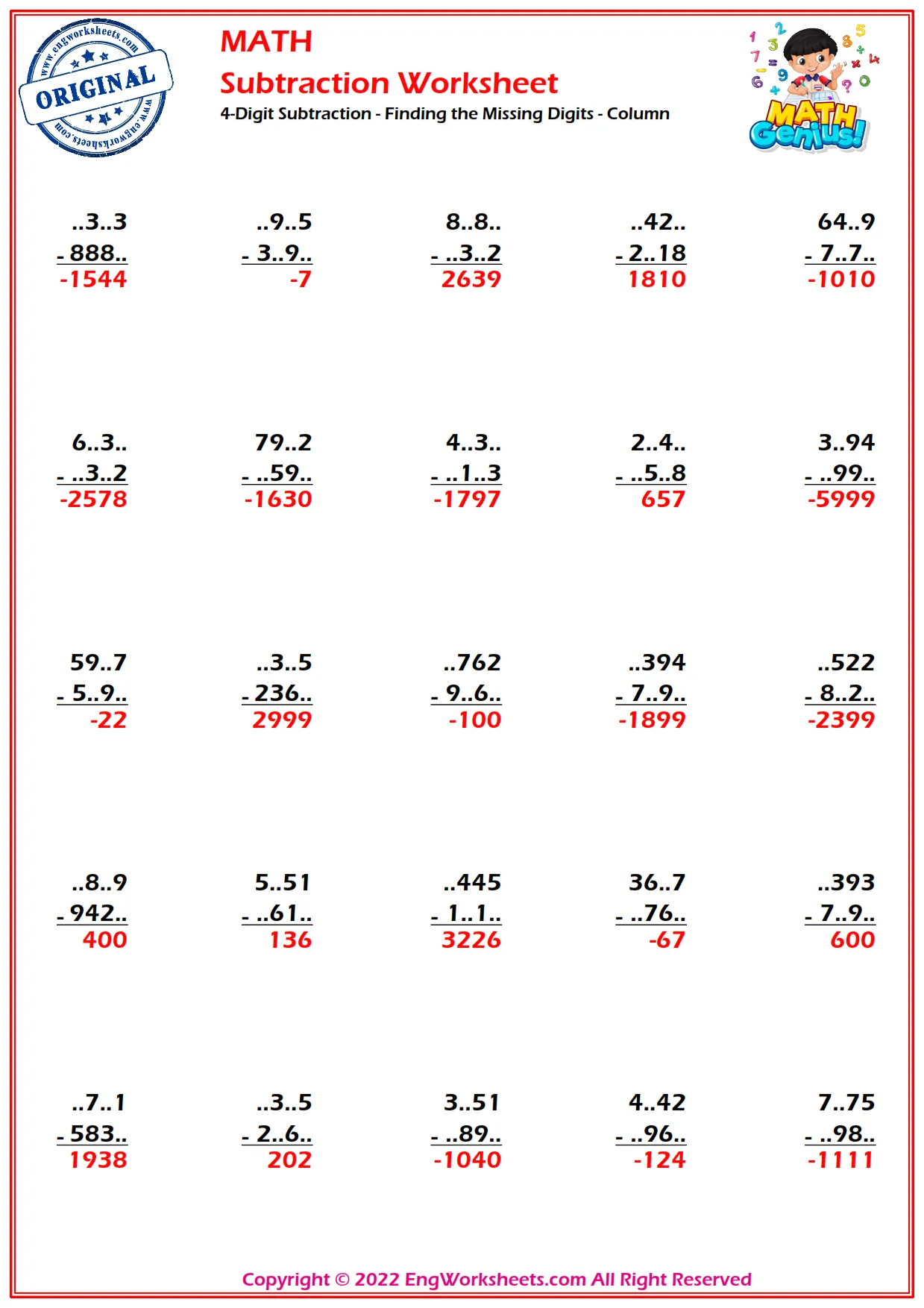 4-Digit Subtraction - Finding the Missing Digits - Column