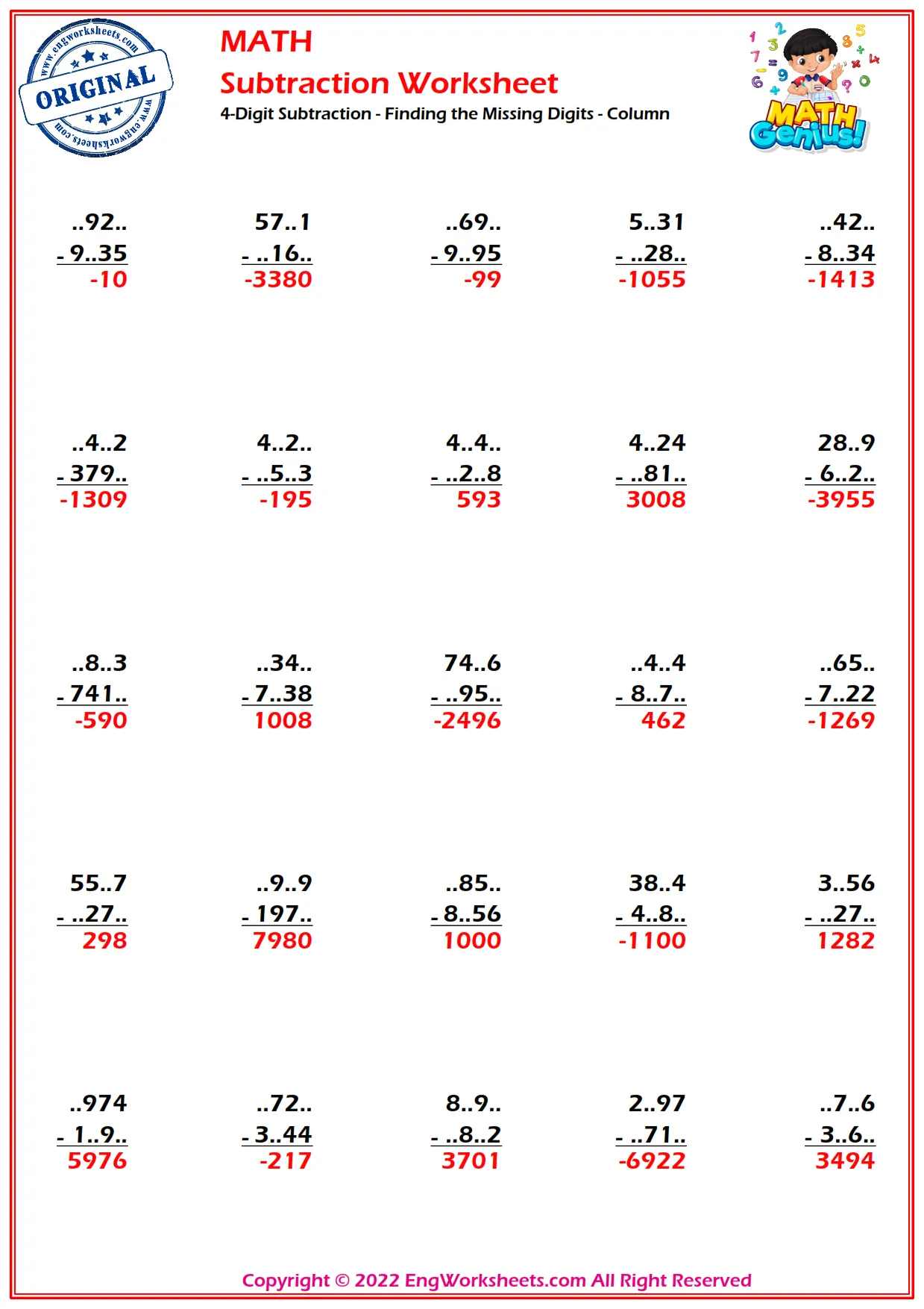 4-Digit Subtraction - Finding the Missing Digits - Column
