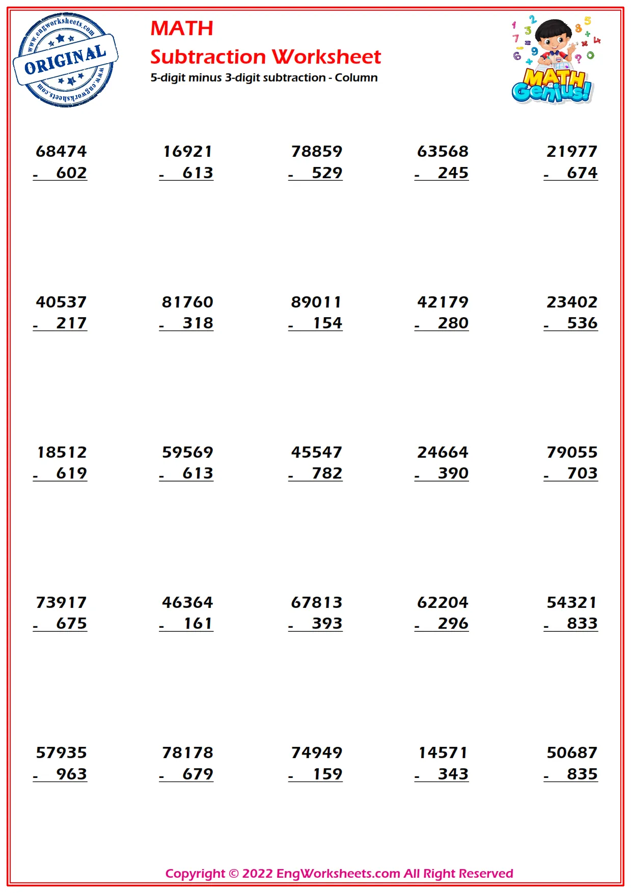 5-digit minus 3-digit subtraction - Column