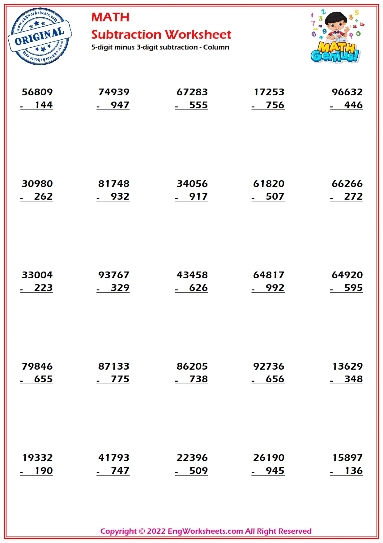 5-digit minus 3-digit subtraction - Column