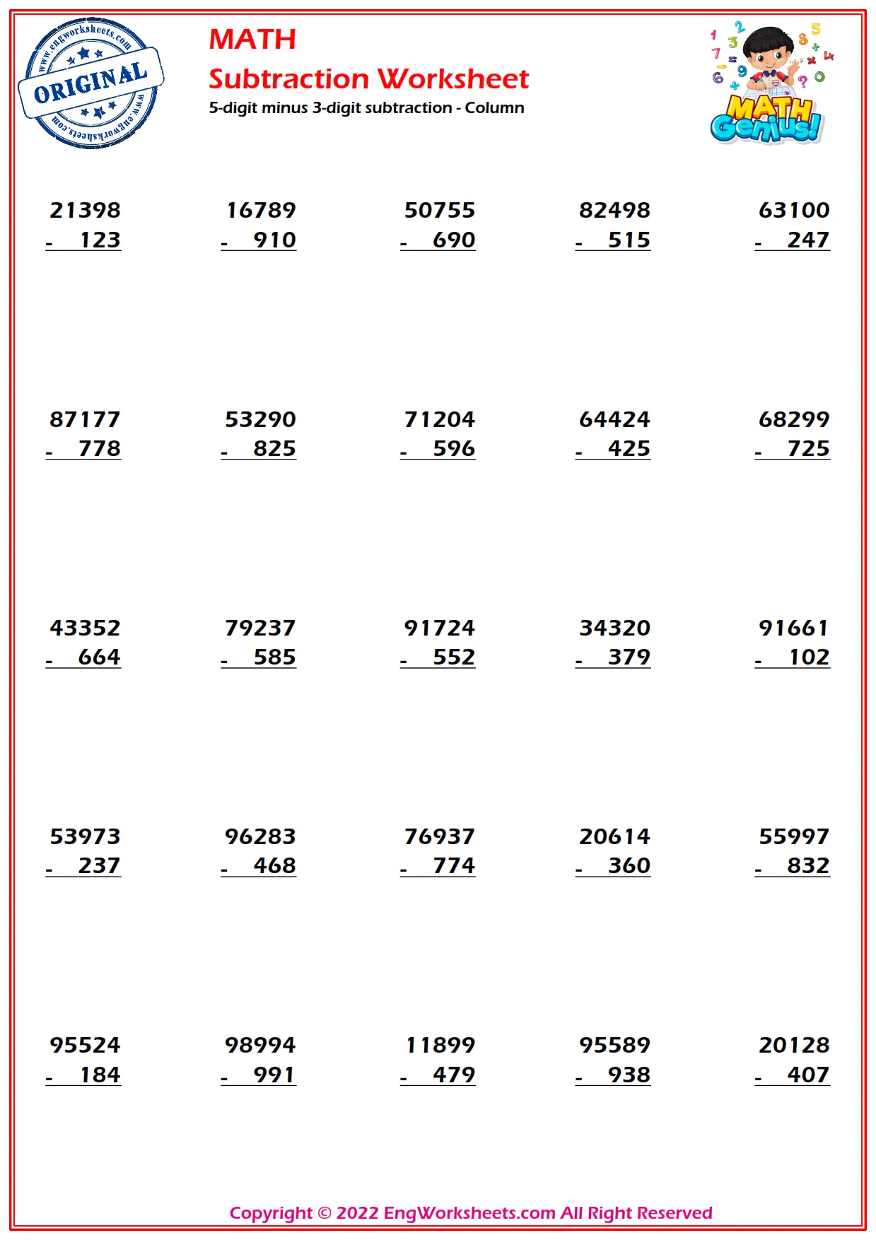 5-digit minus 3-digit subtraction - Column