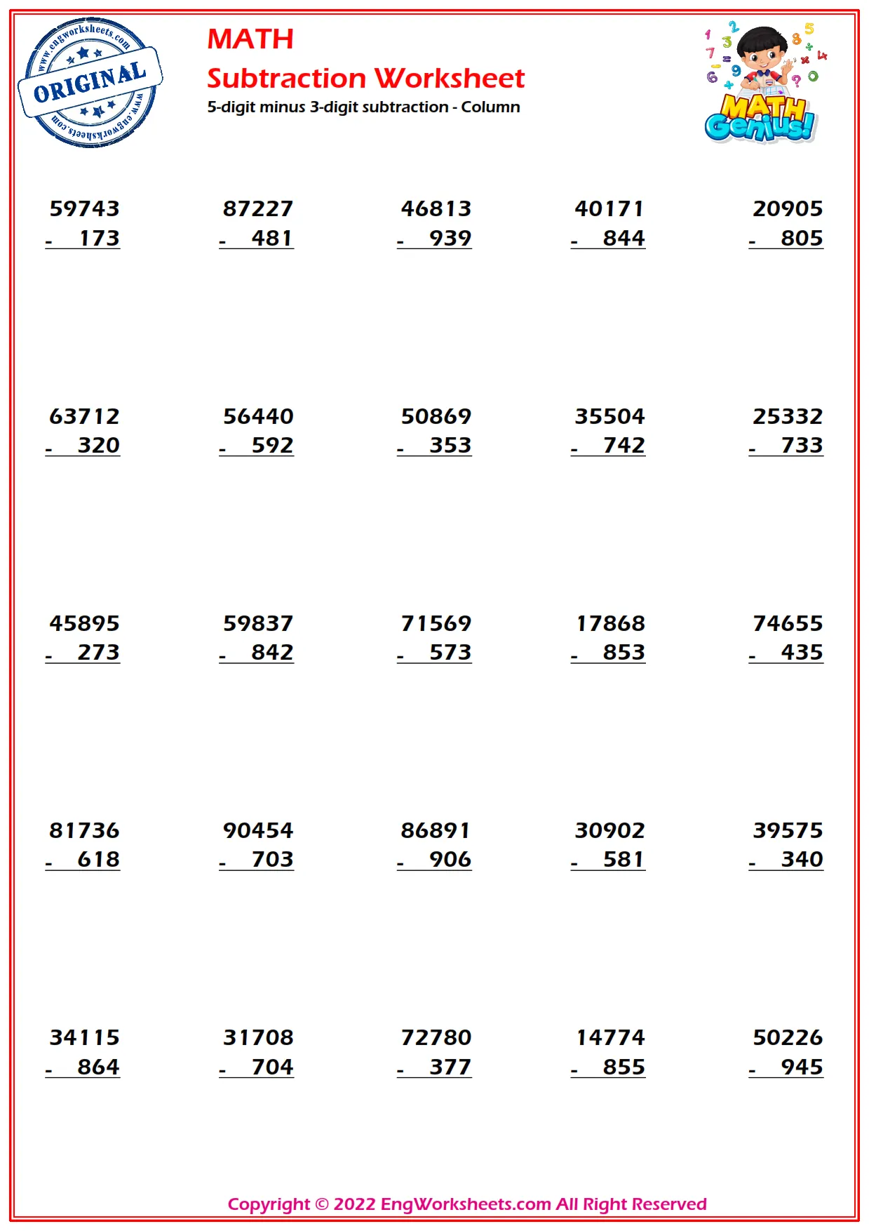 5-digit minus 3-digit subtraction - Column