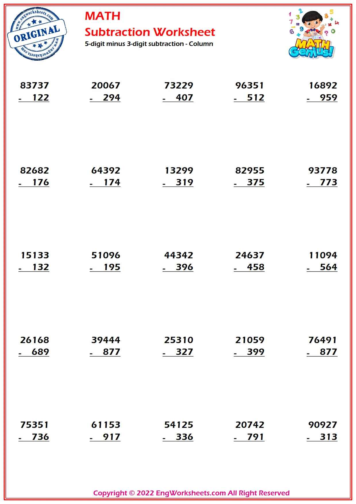 5-digit minus 3-digit subtraction - Column