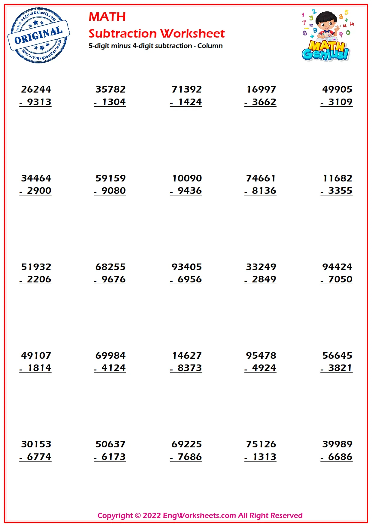 5-digit minus 4-digit subtraction - Column