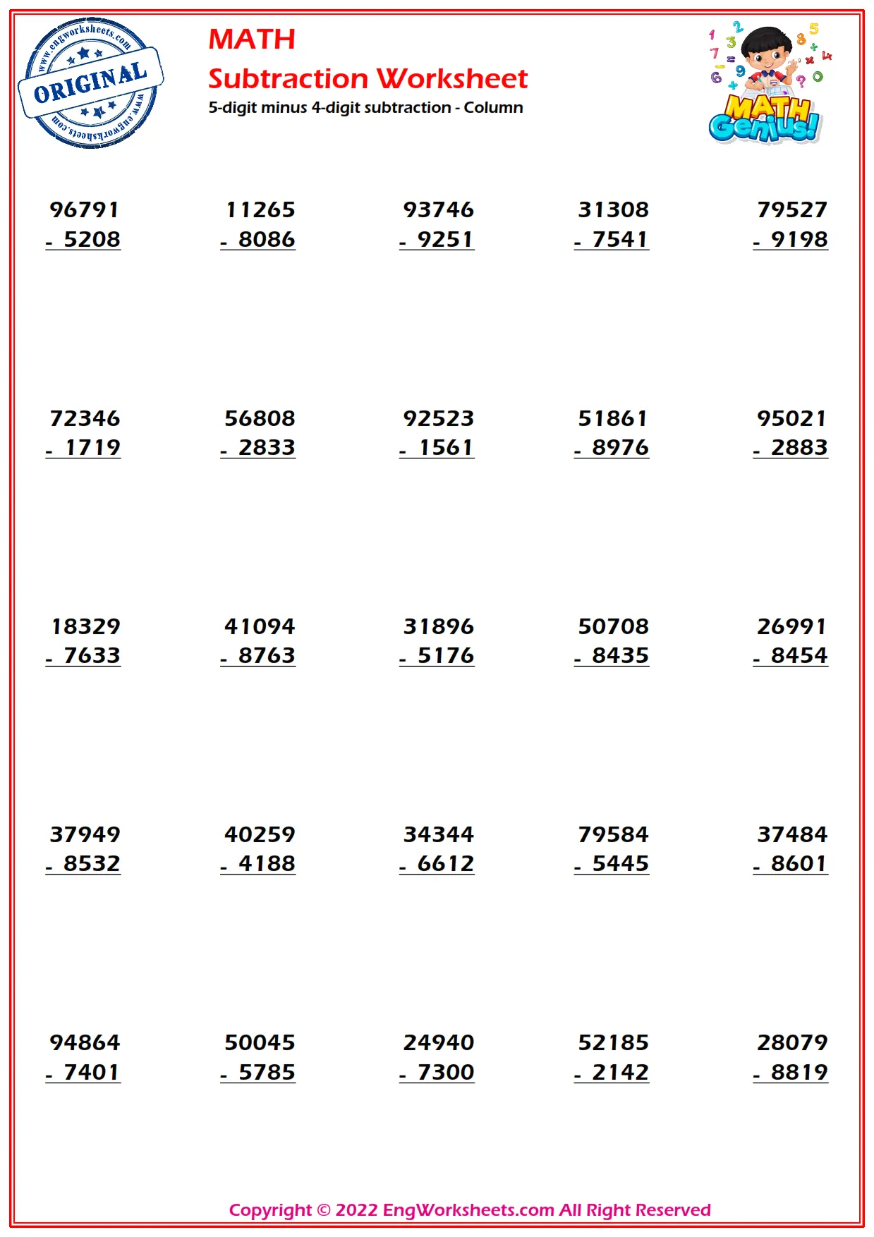 5-digit minus 4-digit subtraction - Column