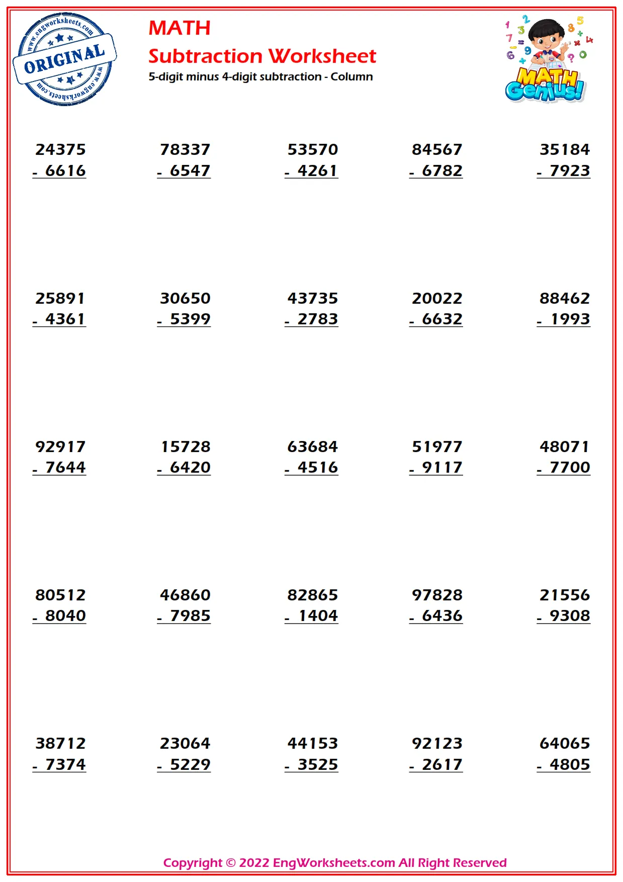5-digit minus 4-digit subtraction - Column