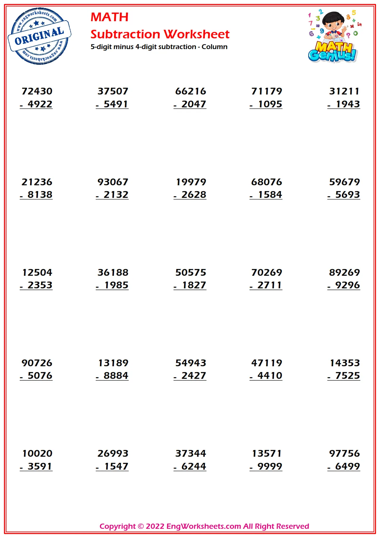 5-digit minus 4-digit subtraction - Column