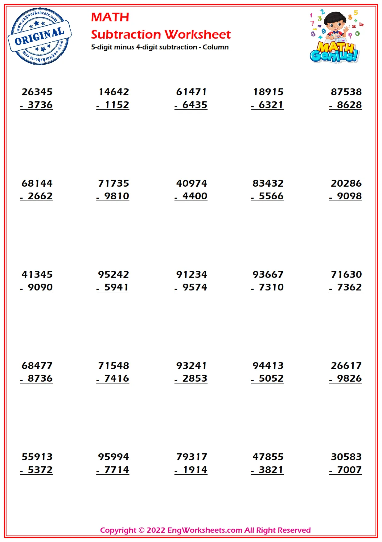 5-digit minus 4-digit subtraction - Column