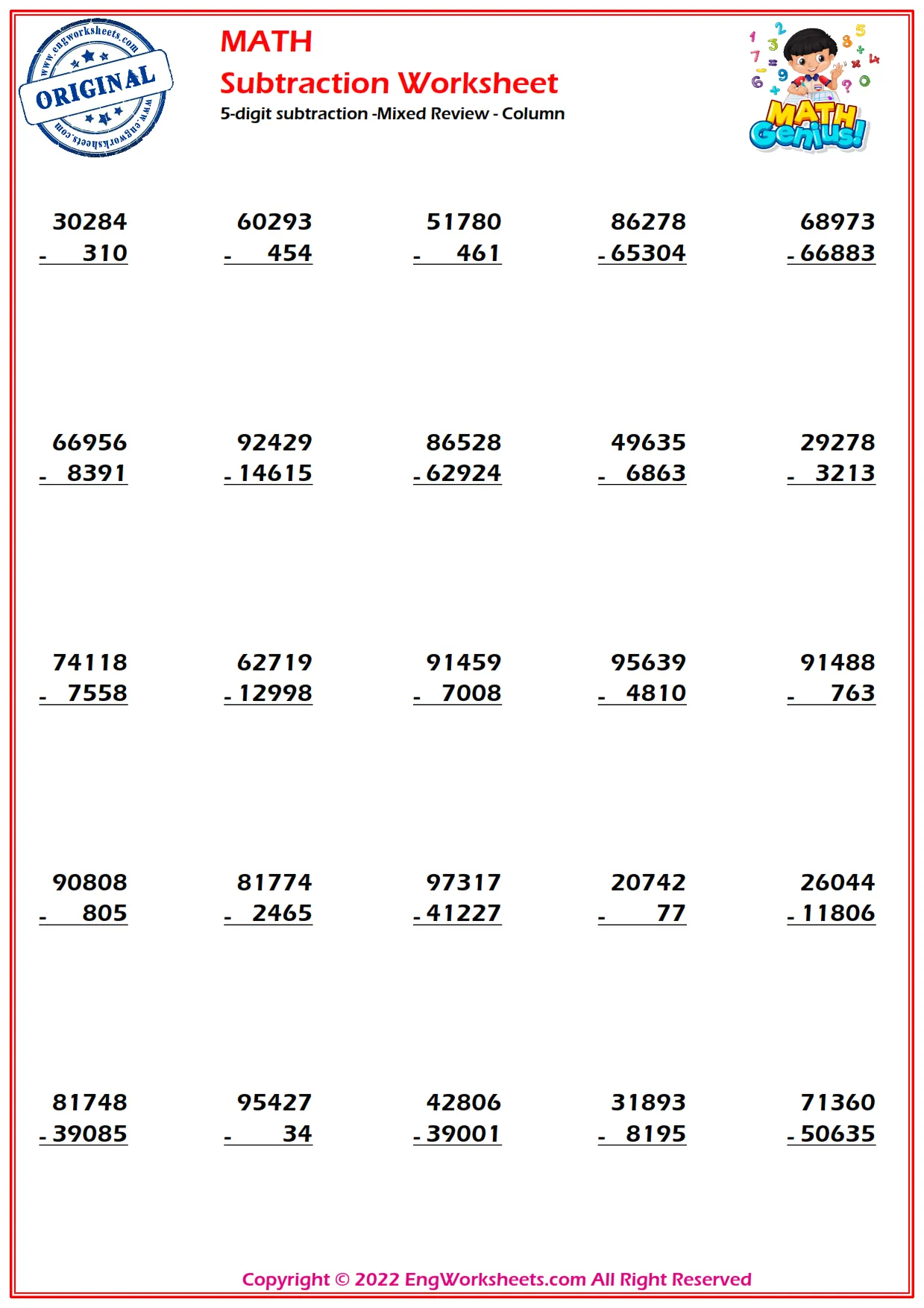5-digits subtraction - Mixed Review - Standard