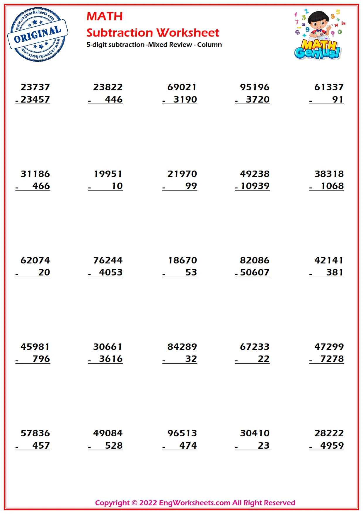 5-digit subtraction -Mixed Review - Column