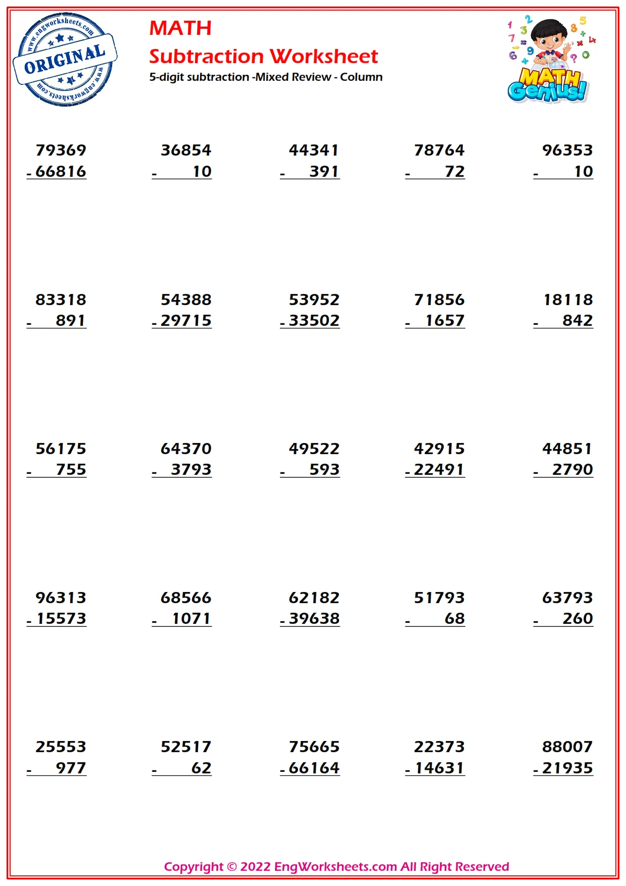 5-digit subtraction -Mixed Review - Column