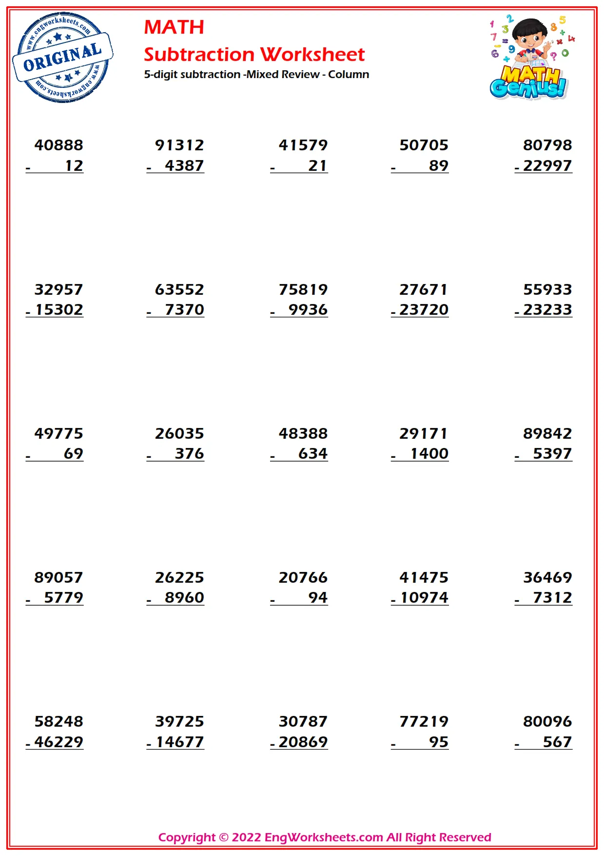 5-digit subtraction -Mixed Review - Column