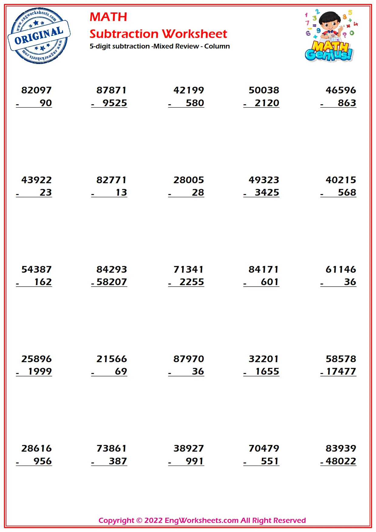 5-digit subtraction -Mixed Review - Column