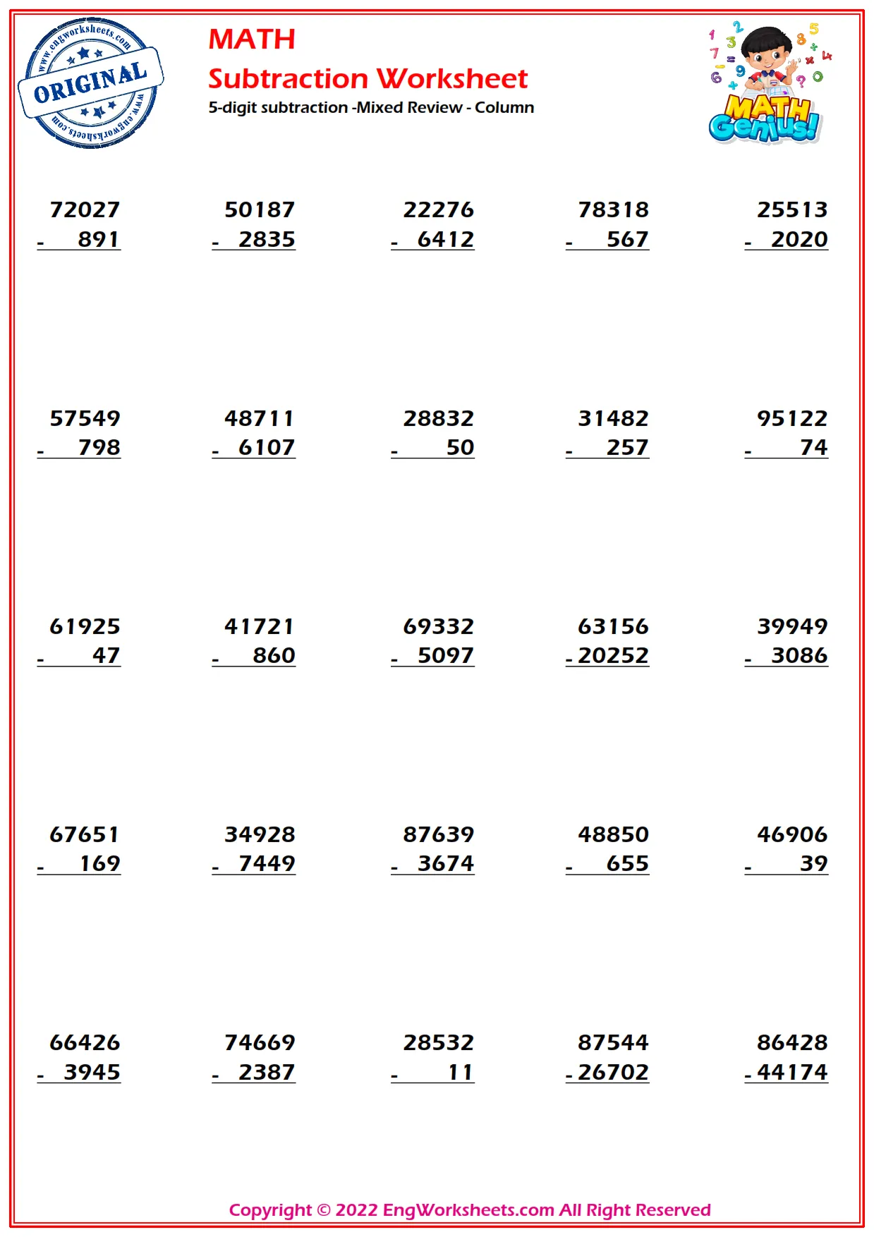 5-digit subtraction -Mixed Review - Column