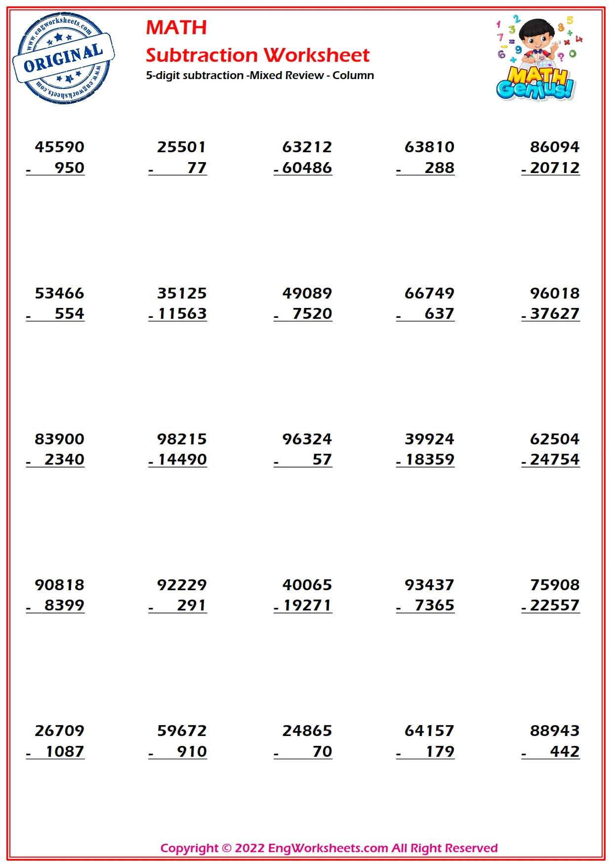 5-digit subtraction -Mixed Review - Column