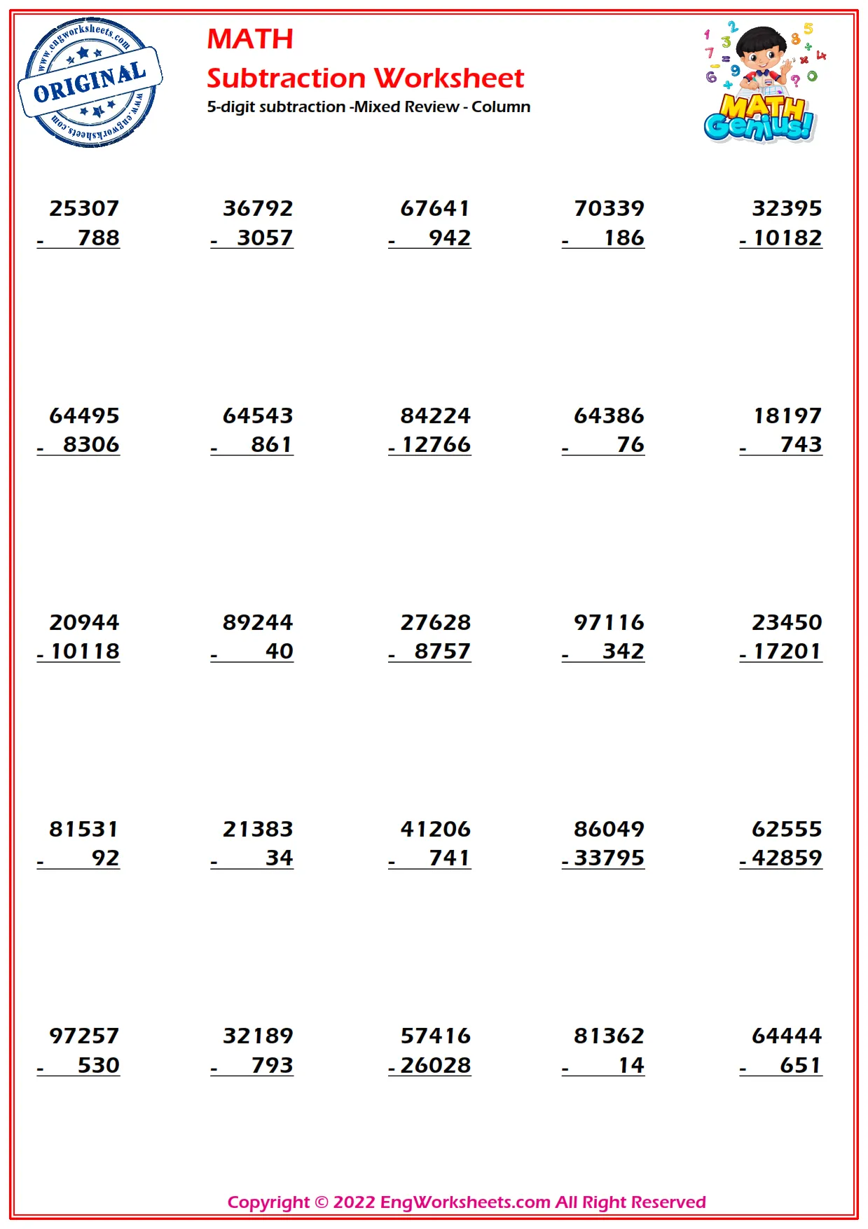 5-digit subtraction -Mixed Review - Column