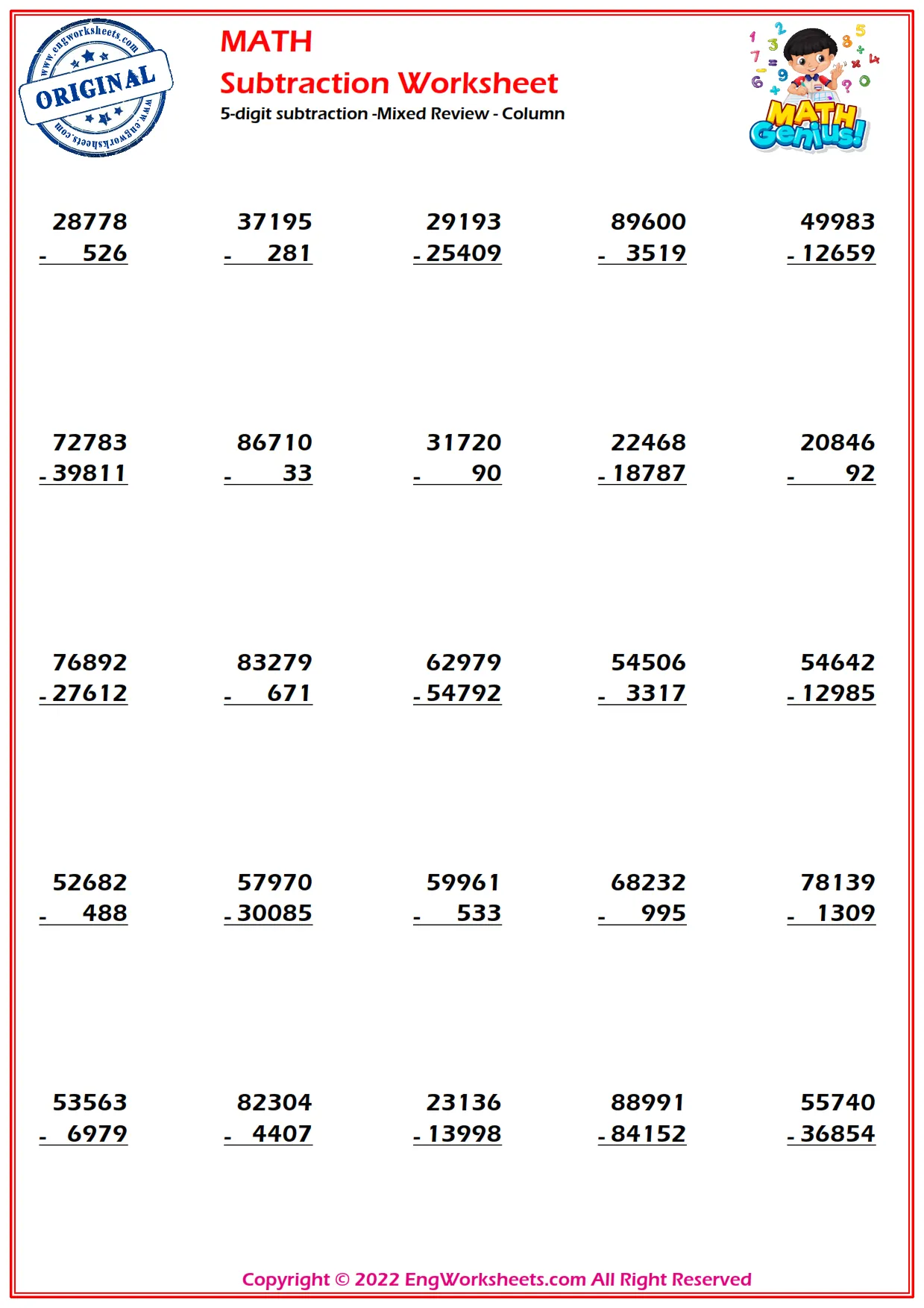 5-digit subtraction -Mixed Review - Column