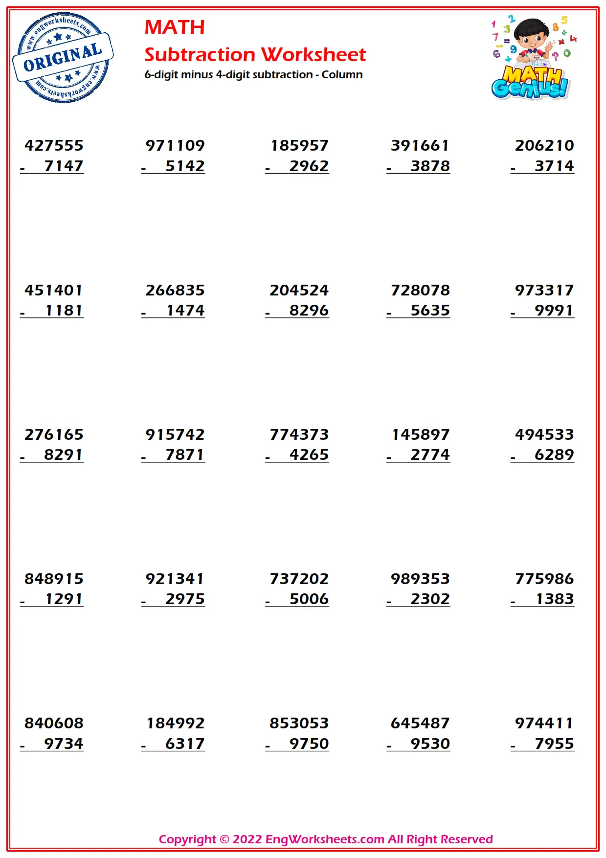 6-digit minus 4-digit subtraction - Column