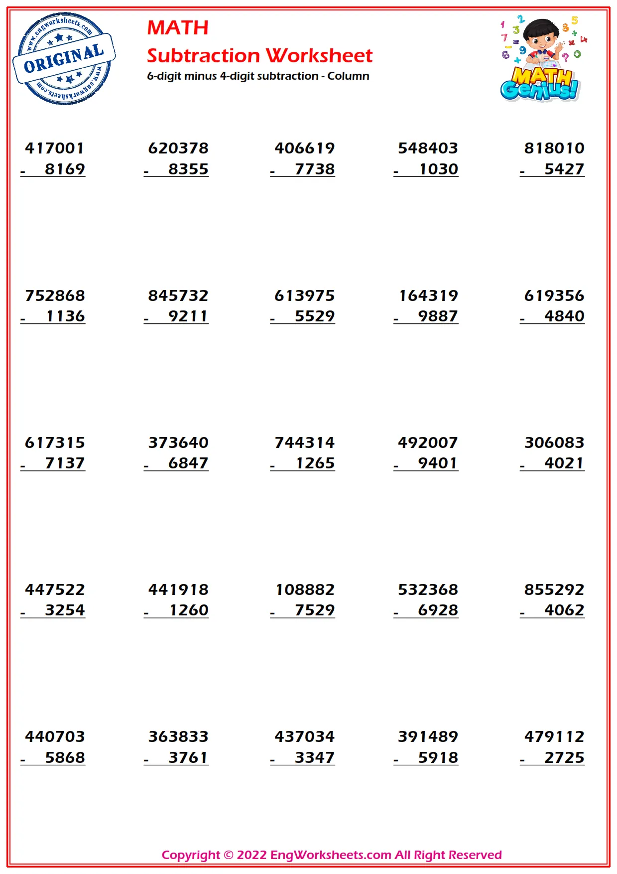 6-digit minus 4-digit subtraction - Column