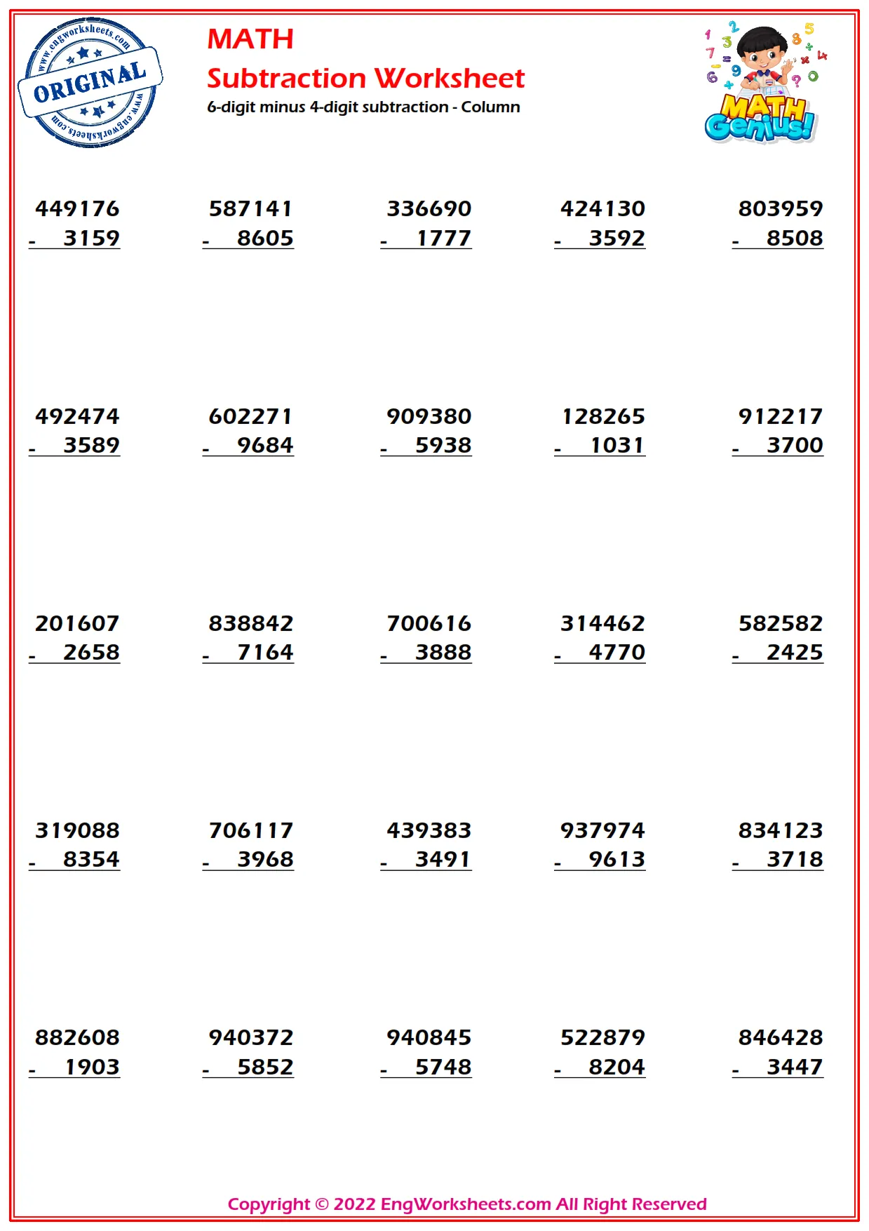 6-digit minus 4-digit subtraction - Column