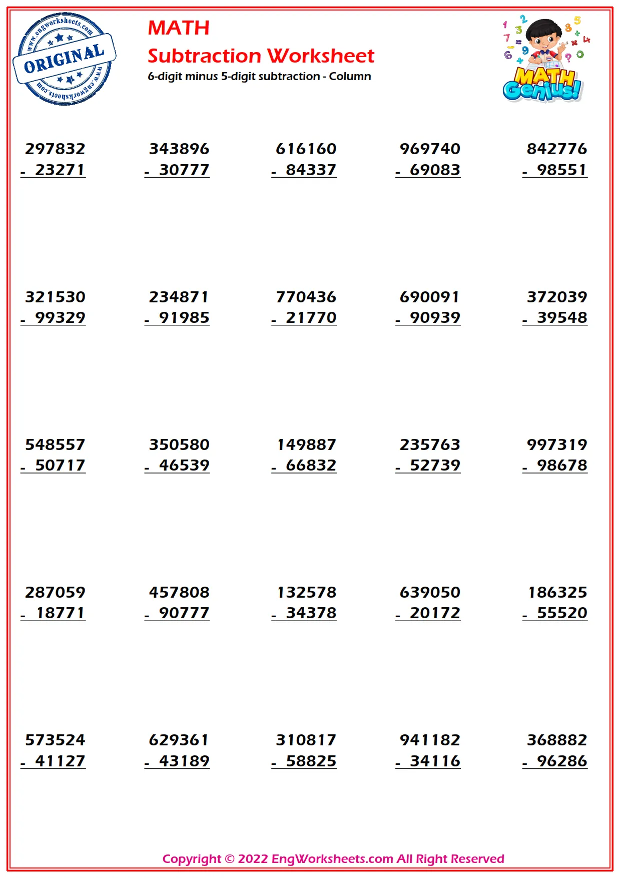 6-digit minus 5-digit subtraction - Column