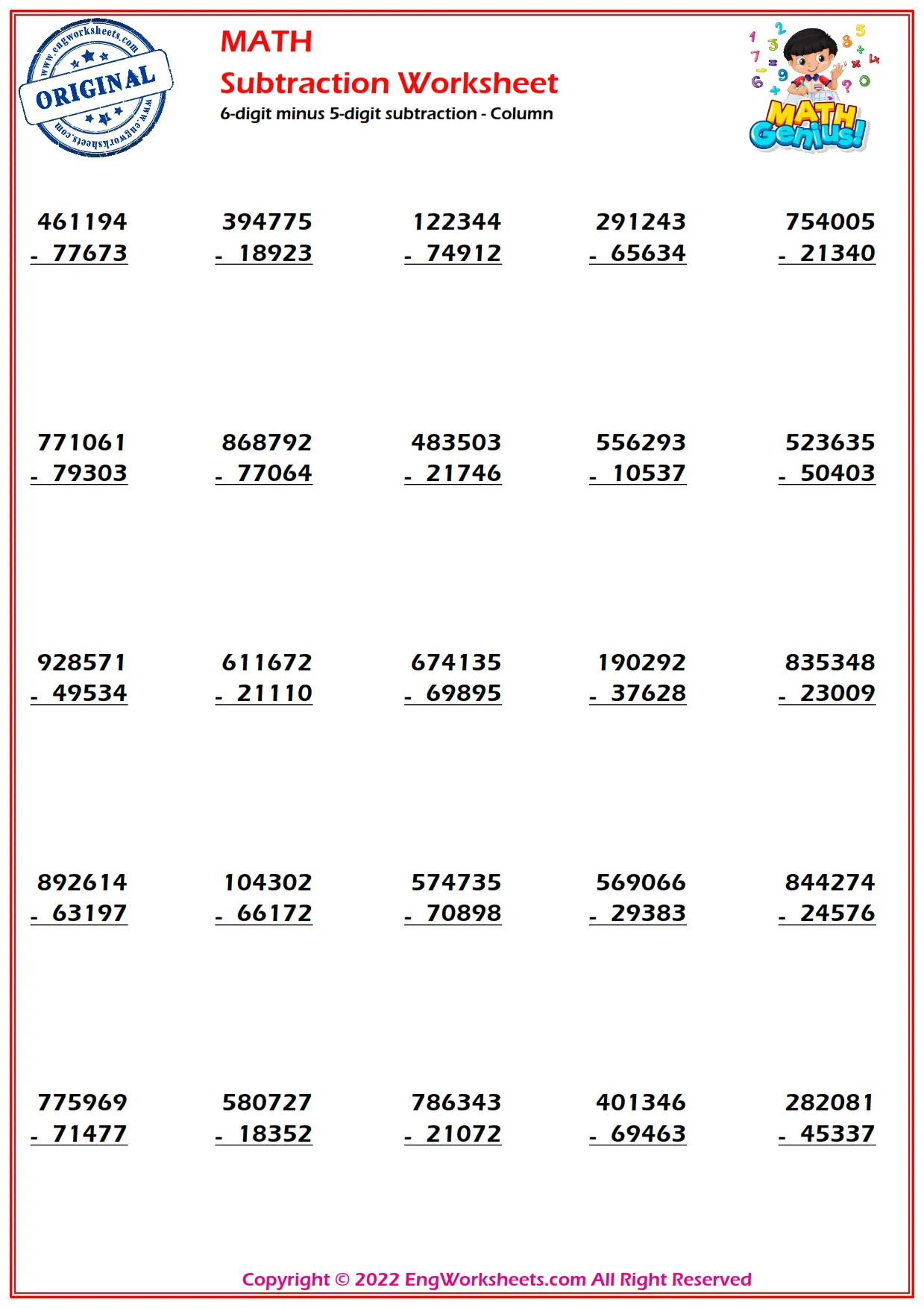 6-digit minus 5-digit subtraction - Column