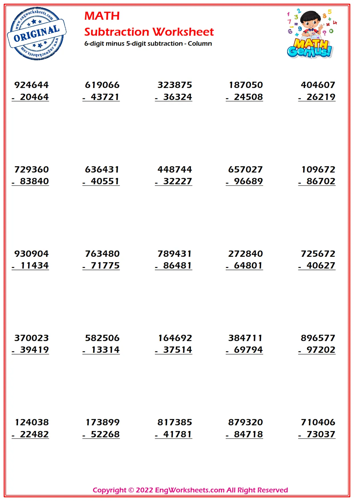 6-digit minus 5-digit subtraction - Column