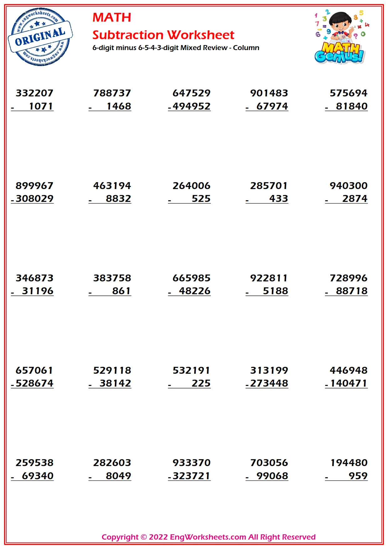 6-digit minus 6-5-4-3-digit Mixed Review - Column
