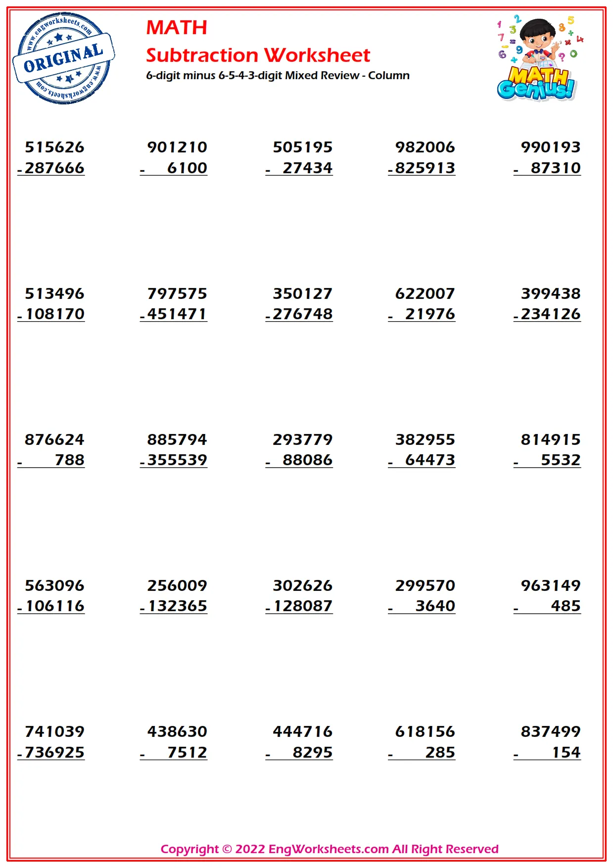 6-digit minus 6-5-4-3-digit Mixed Review - Column