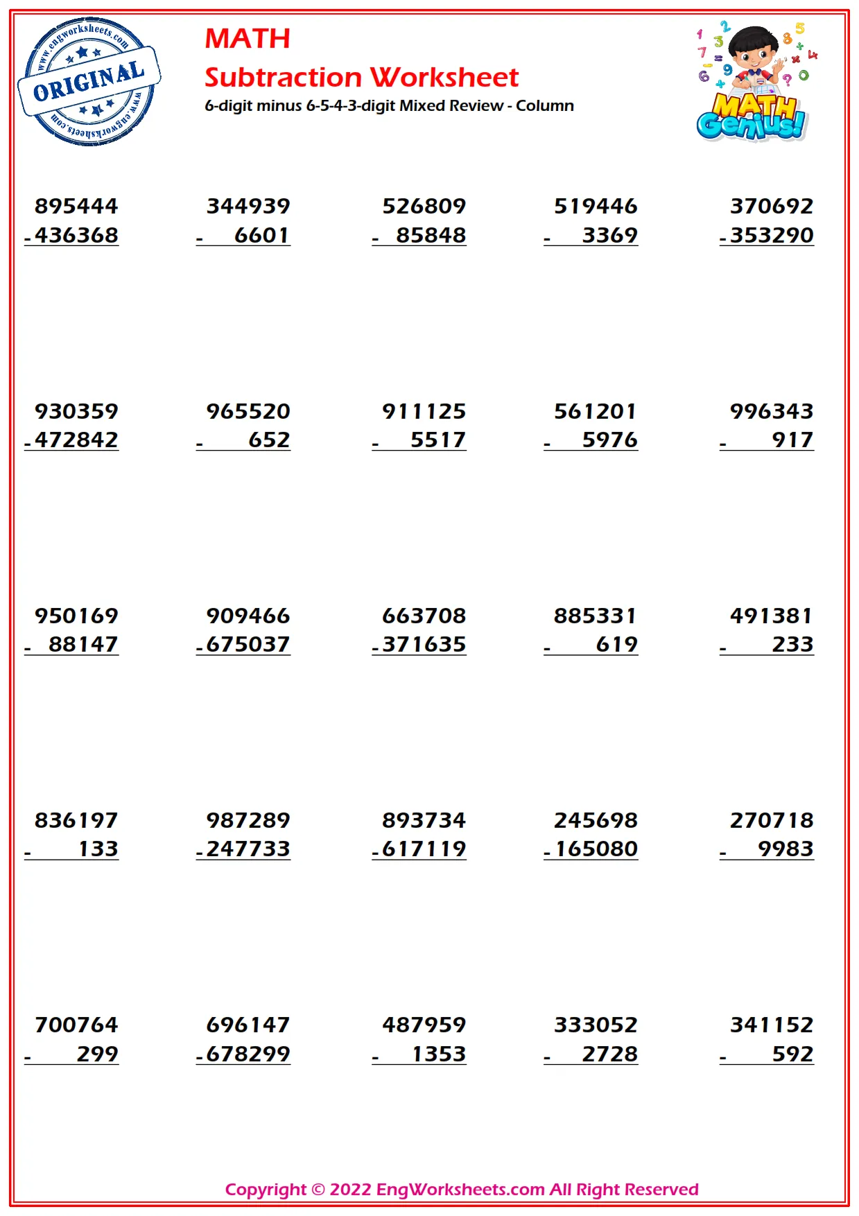 6-digit minus 6-5-4-3-digit Mixed Review - Column