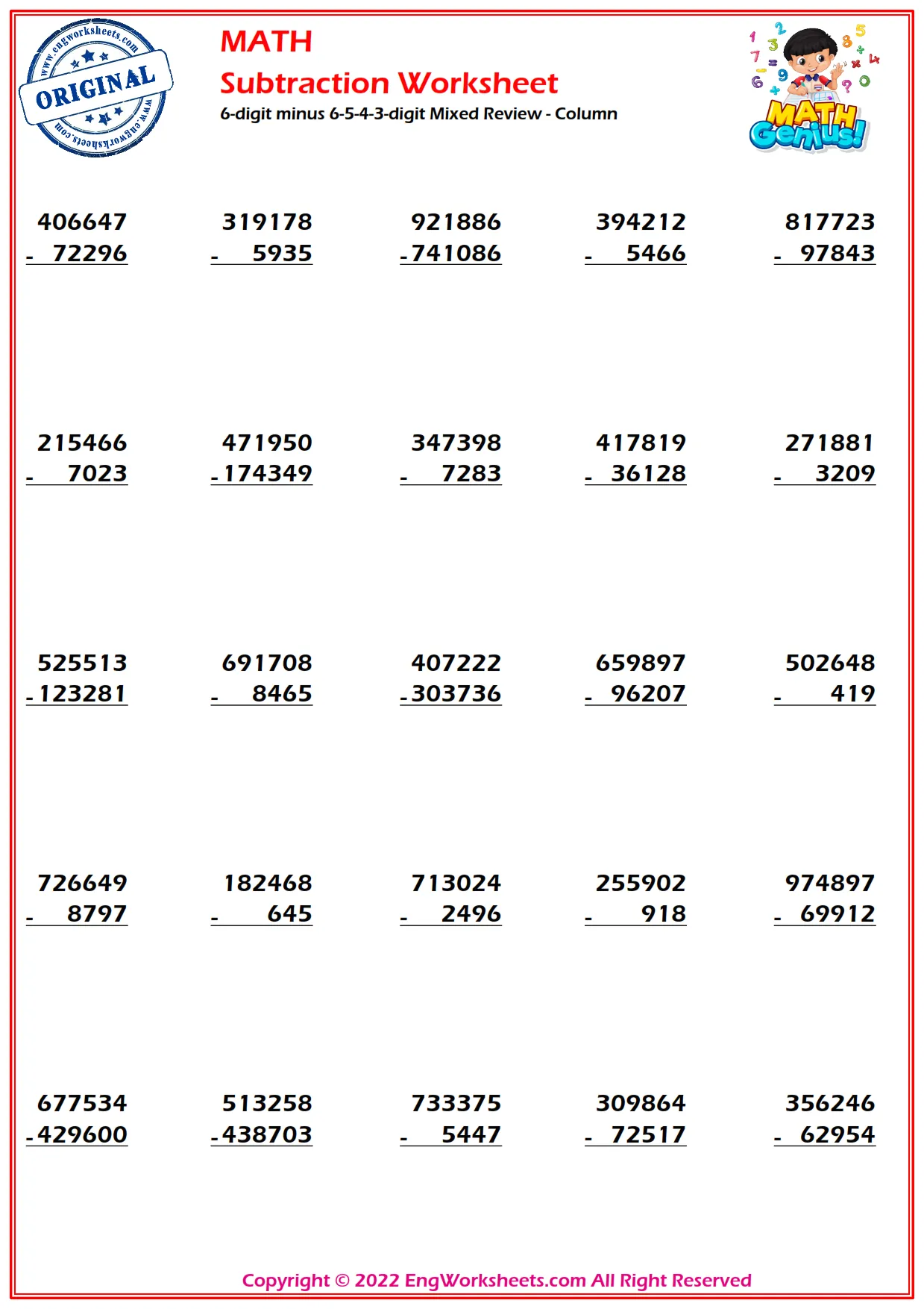 6-digit minus 6-5-4-3-digit Mixed Review - Column