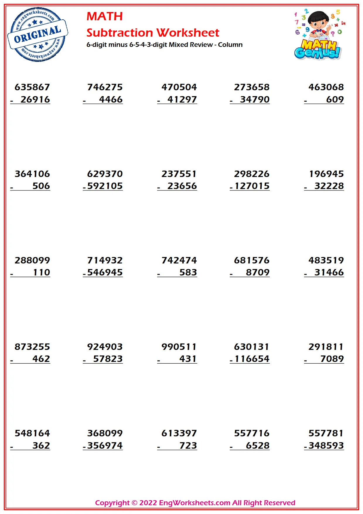 6-digit minus 6-5-4-3-digit Mixed Review - Column