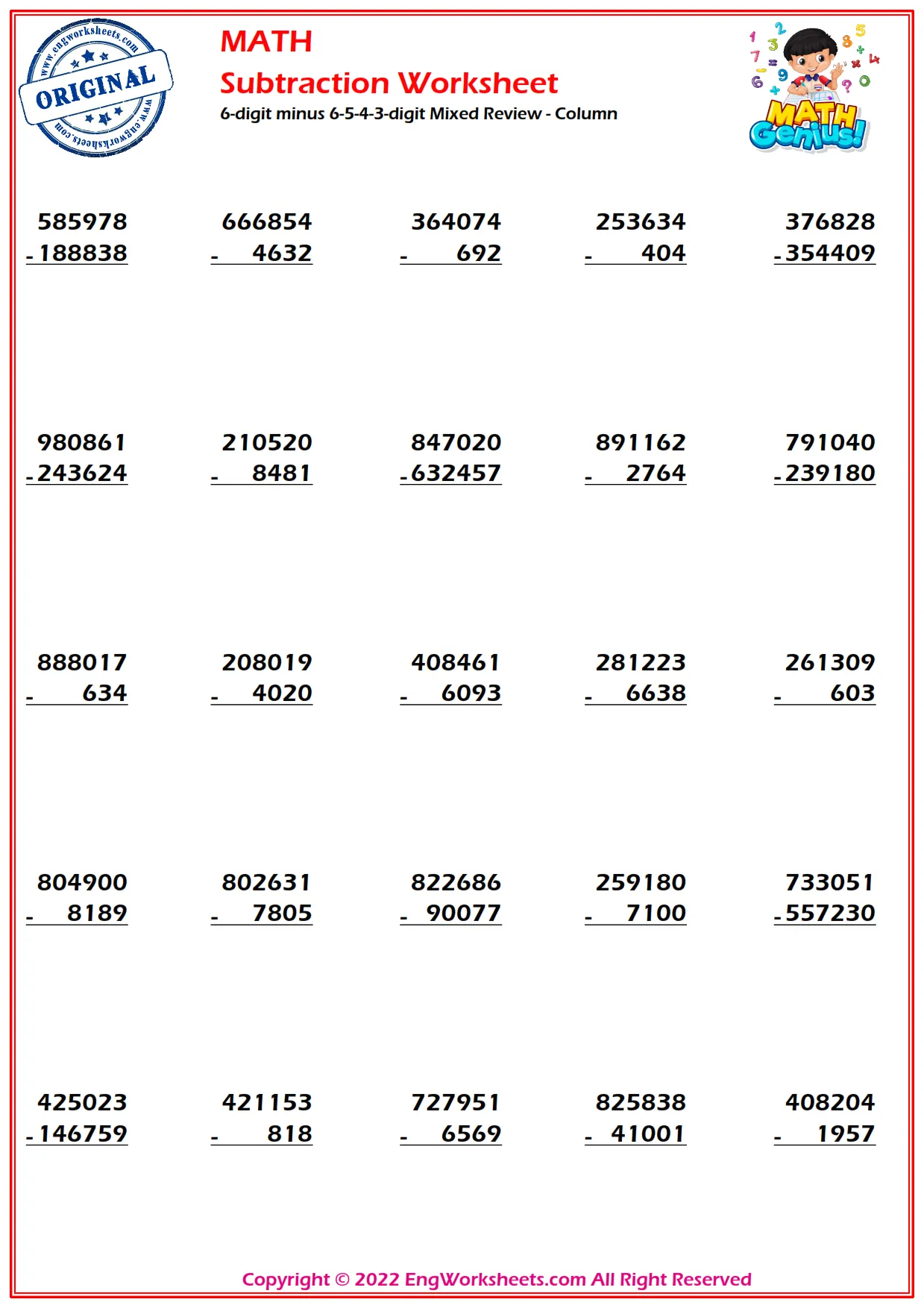 6-digit minus 6-5-4-3-digit Mixed Review - Column