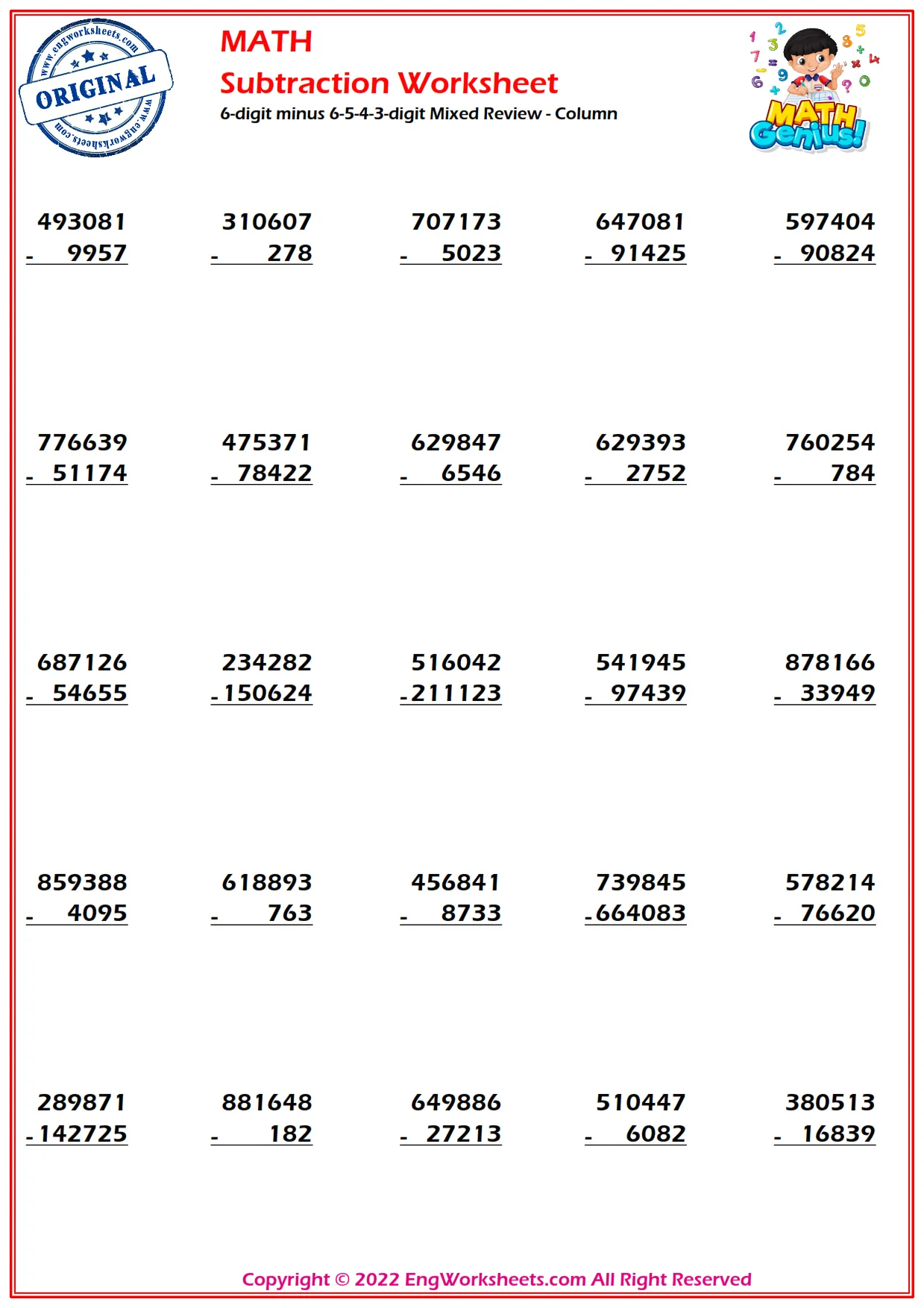 6-digit minus 6-5-4-3-digit Mixed Review - Column