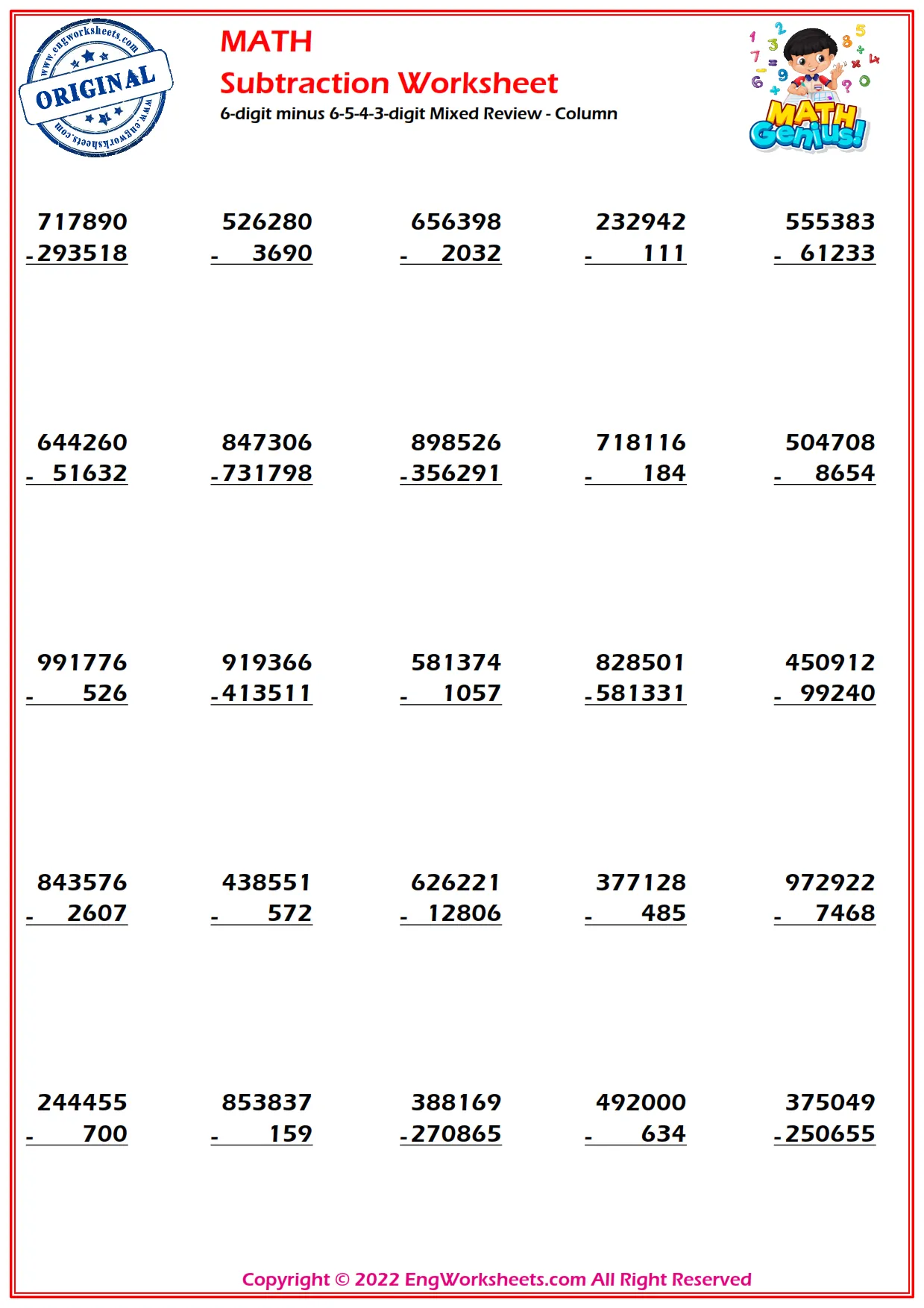 6-digit minus 6-5-4-3-digit Mixed Review - Column