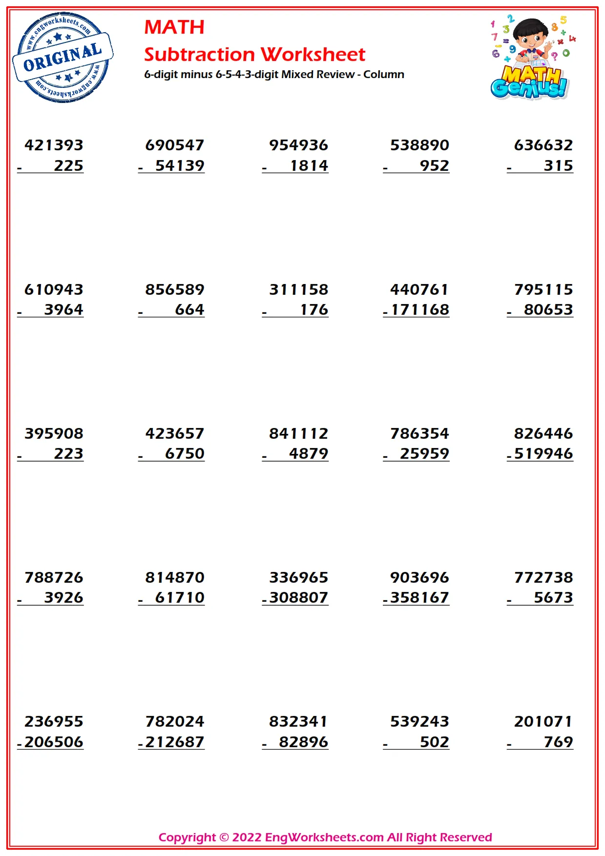 6-digit minus 6-5-4-3-digit Mixed Review - Column